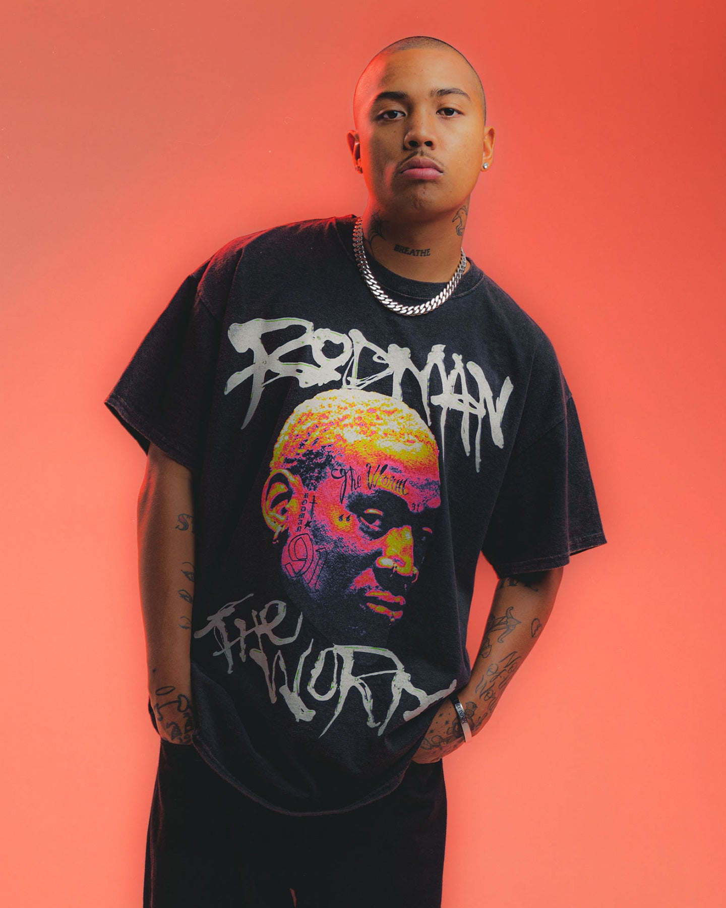 Rodman Brand The Worm Face Tats Vintage T-Shirt Black Wash、mySite、zt4zffjzw