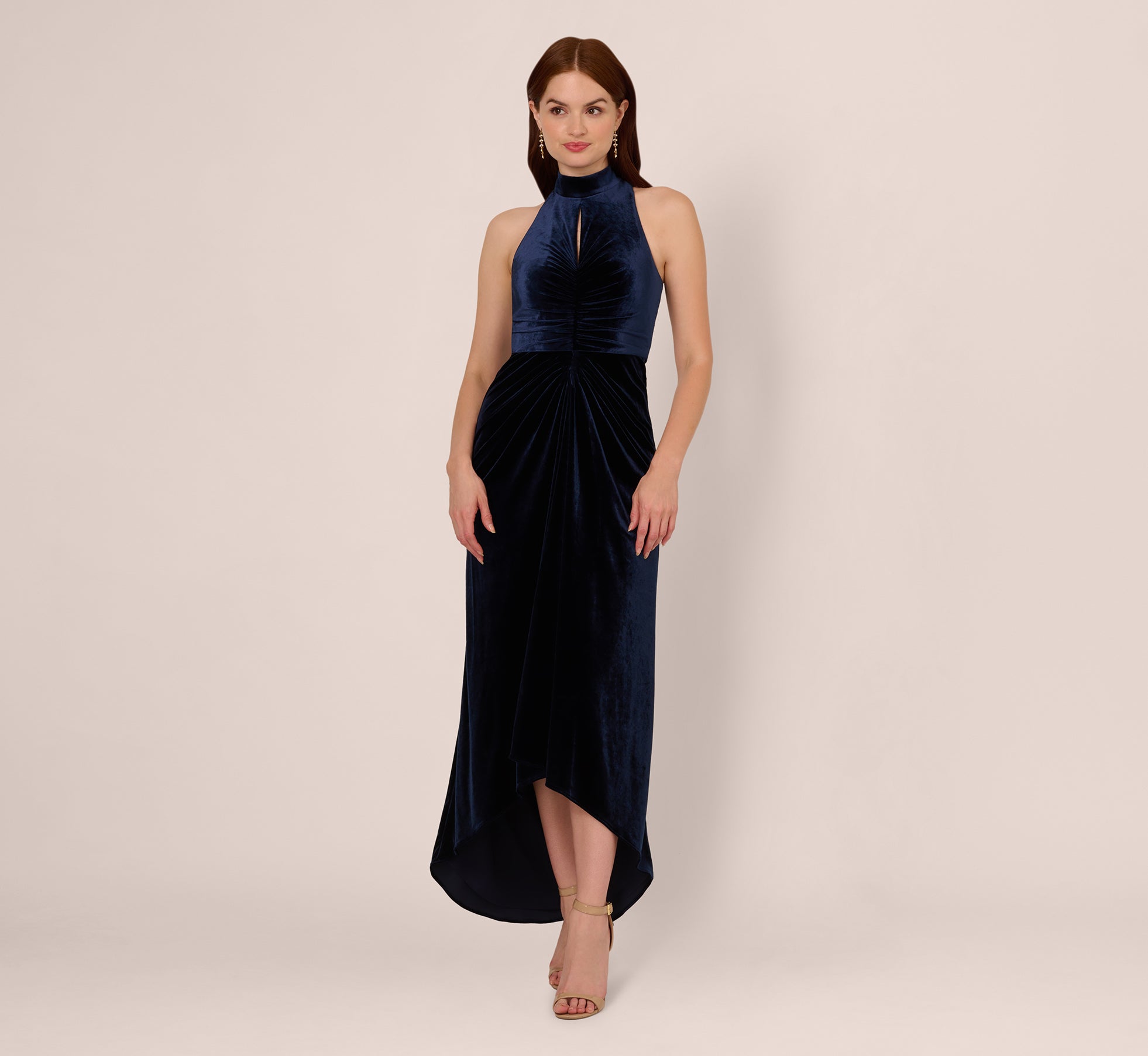 Velvet High Low Halter Gown With Cutout Mock Neck In Midnight、mySite、solidvoid