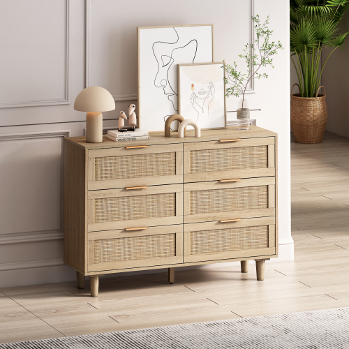 51.18"6-Drawers Rattan Storage Cabinet Rattan Drawer,for Bedroom,Living Room,Natural (Same SKU:W757P198980)、、casual