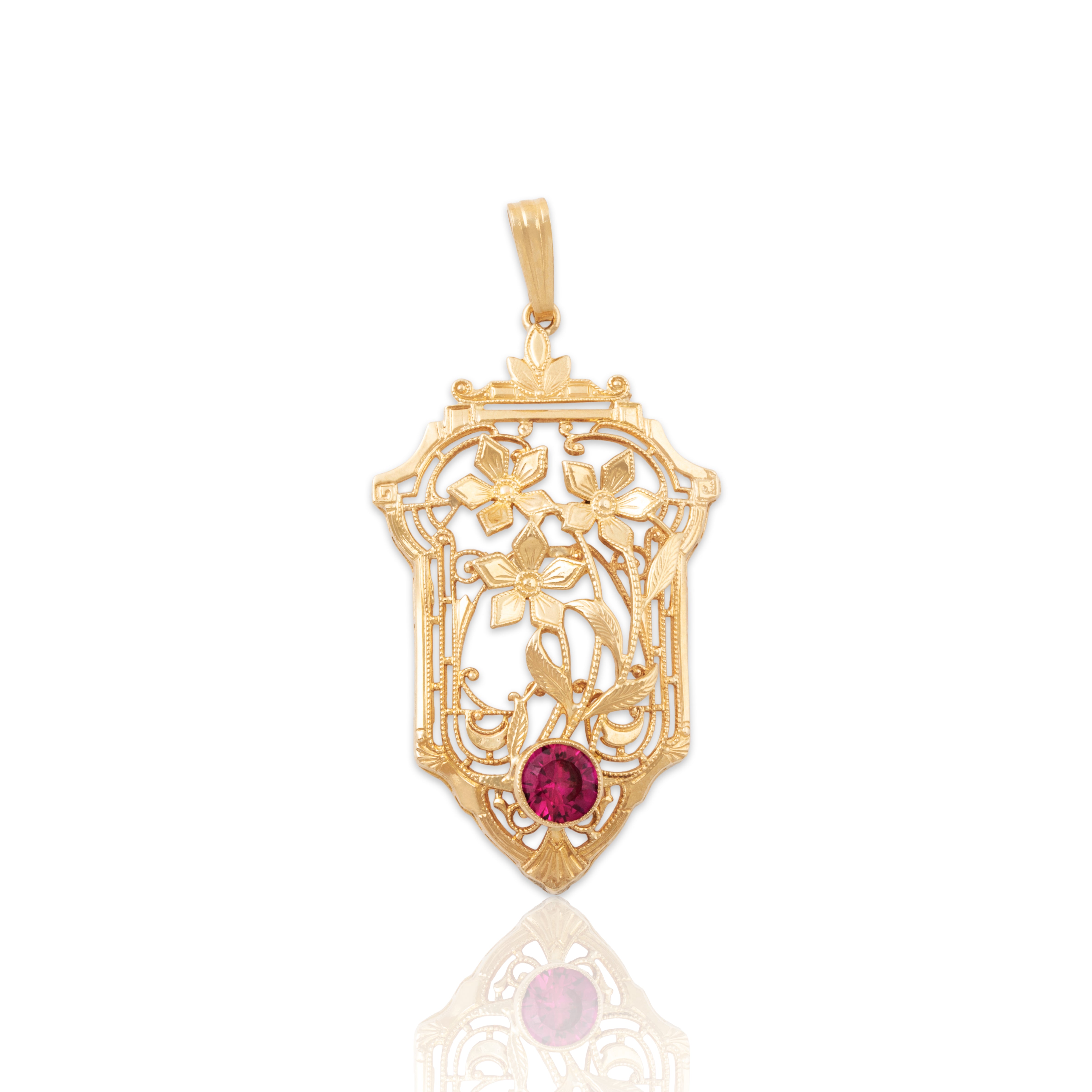 Vintage Lightweight 14k Gold Synthetic Ruby Delicate Openwork Daisies Pendant、mySite、hinf8tx79