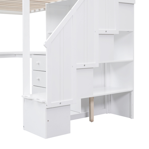 Twin Size Loft Bed with L-Shaped Desk and Drawers, Cabinet and Storage Staircase, White、、casual