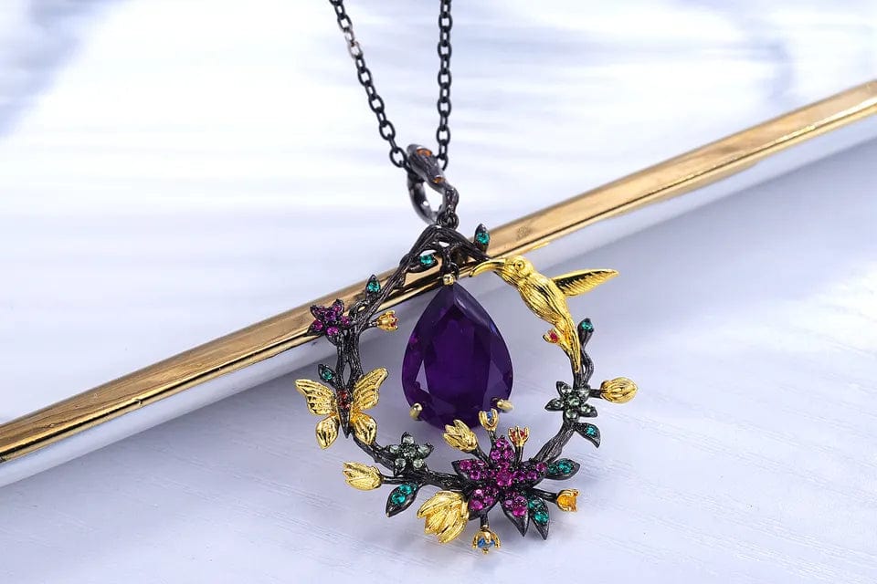 Hummingbird Floral Statement Necklace 925 Sterling Silver Waterproof Vintage Topaz, Amethyst or Citrine、mySite、g9winljtr