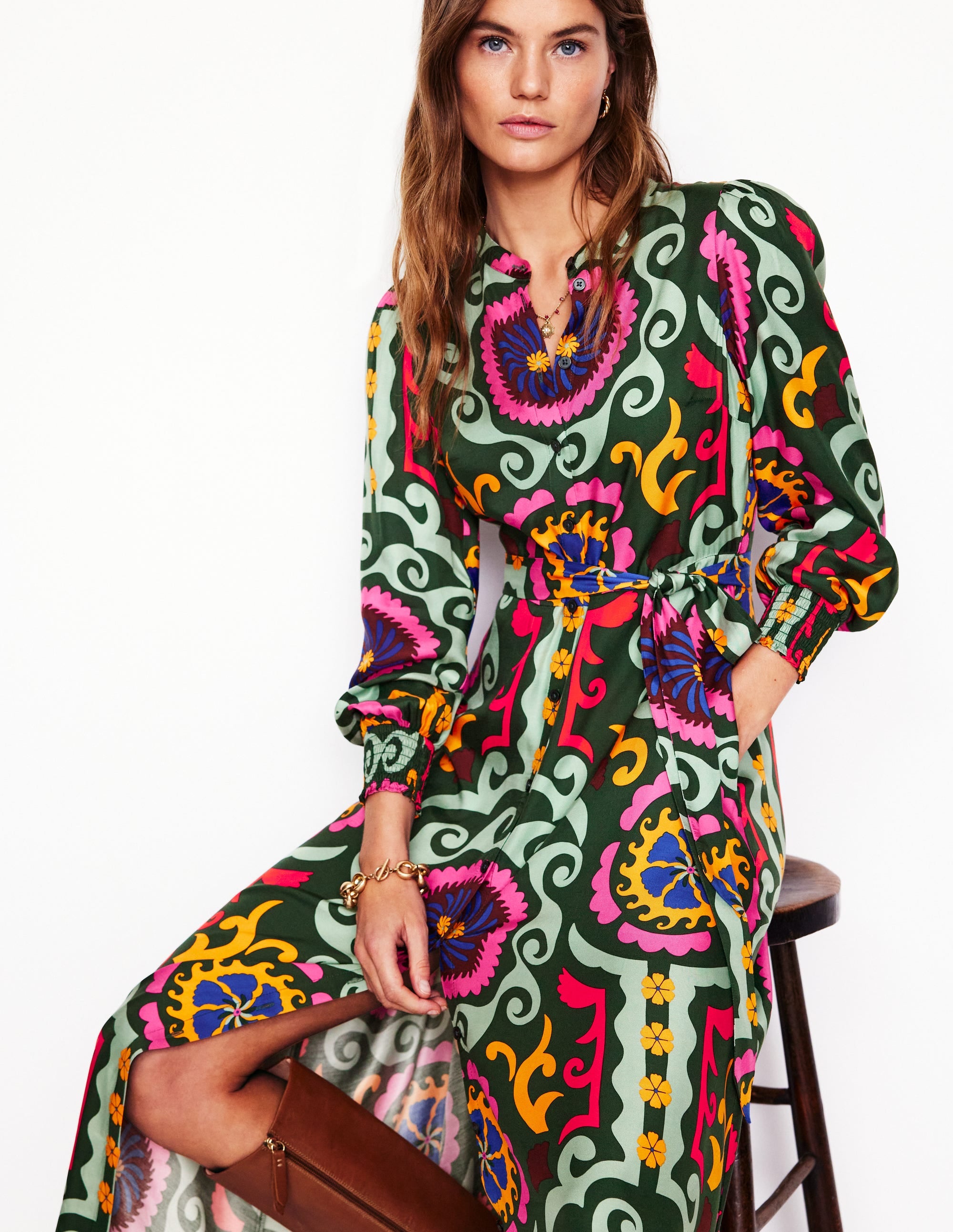  Ruby Collarless Shirt Dress-Green, Ornamental Wave、mySite、ashleygrahame