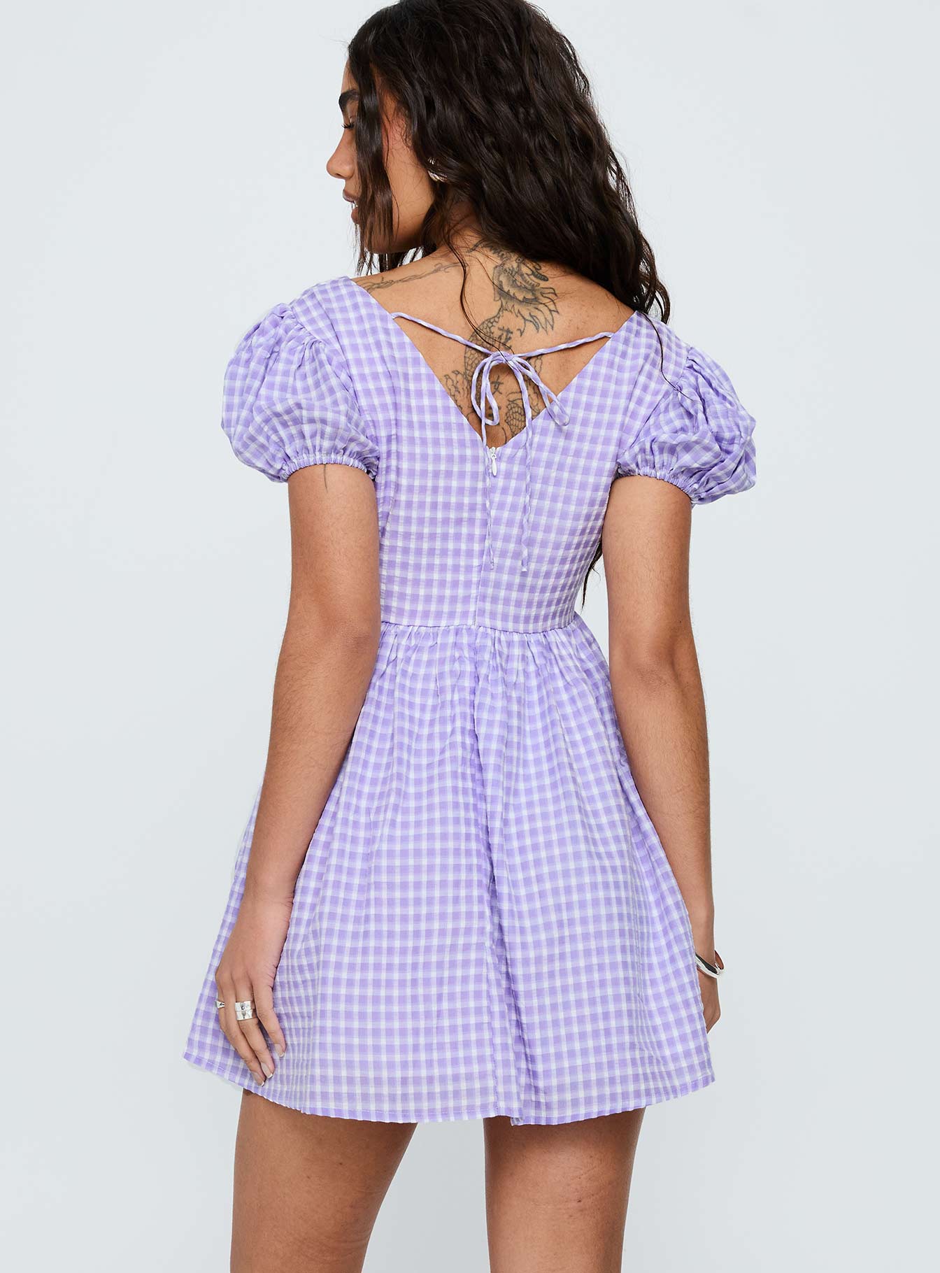 Chavelle Puff Sleeve Mini Dress Purple Check、mySite、solidvoid