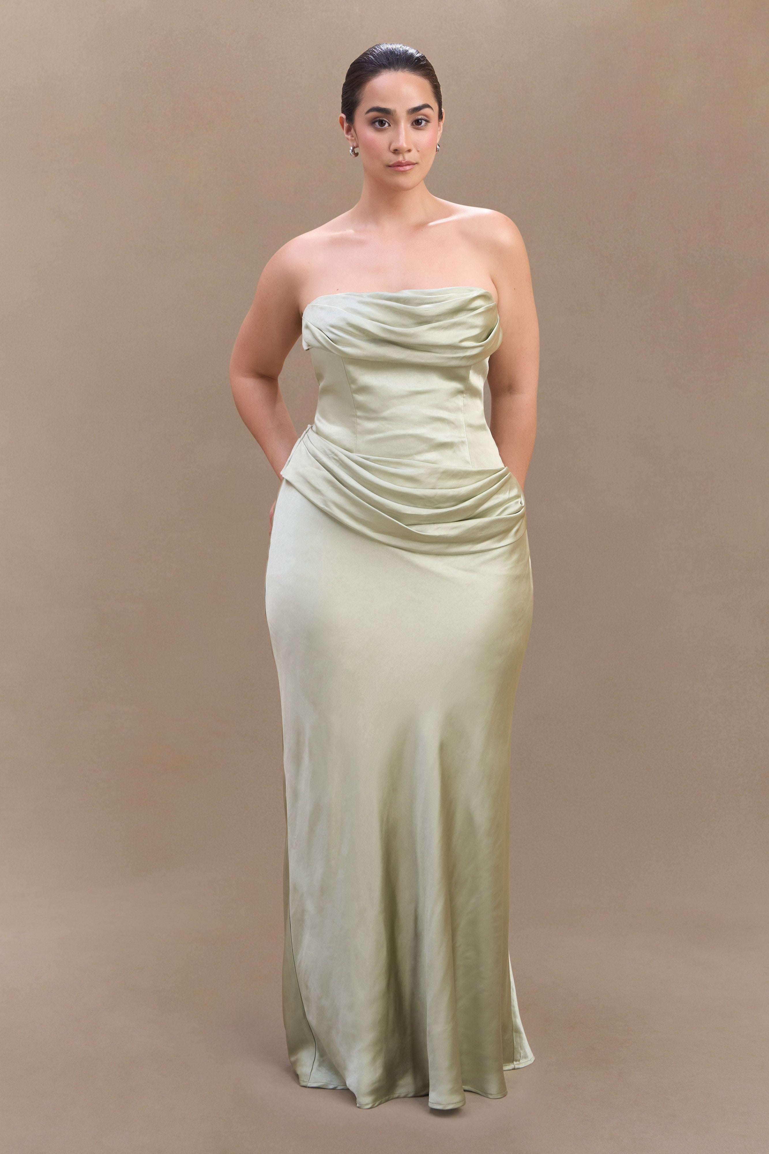 Jasmine Strapless Satin Maxi Dress - Sage、mySite、solidvoid