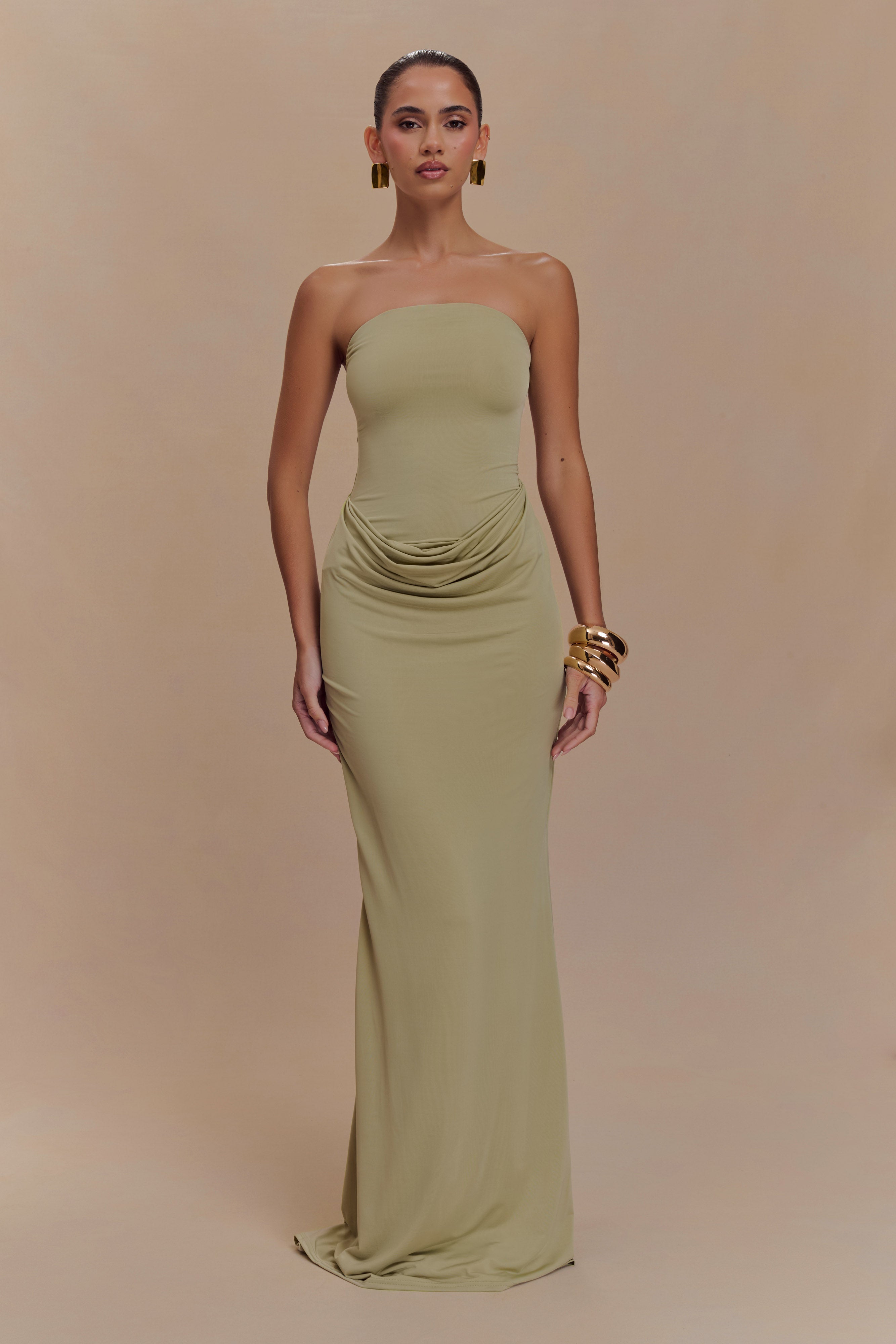 Madison Strapless Slinky Maxi Dress - Sage、mySite、solidvoid