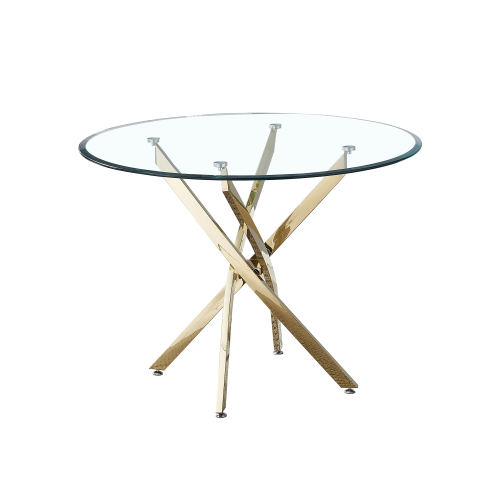 Contemporary Round Clear Dining Tempered Glass Table with Gold Finish Stainless Steel Legs、、casual