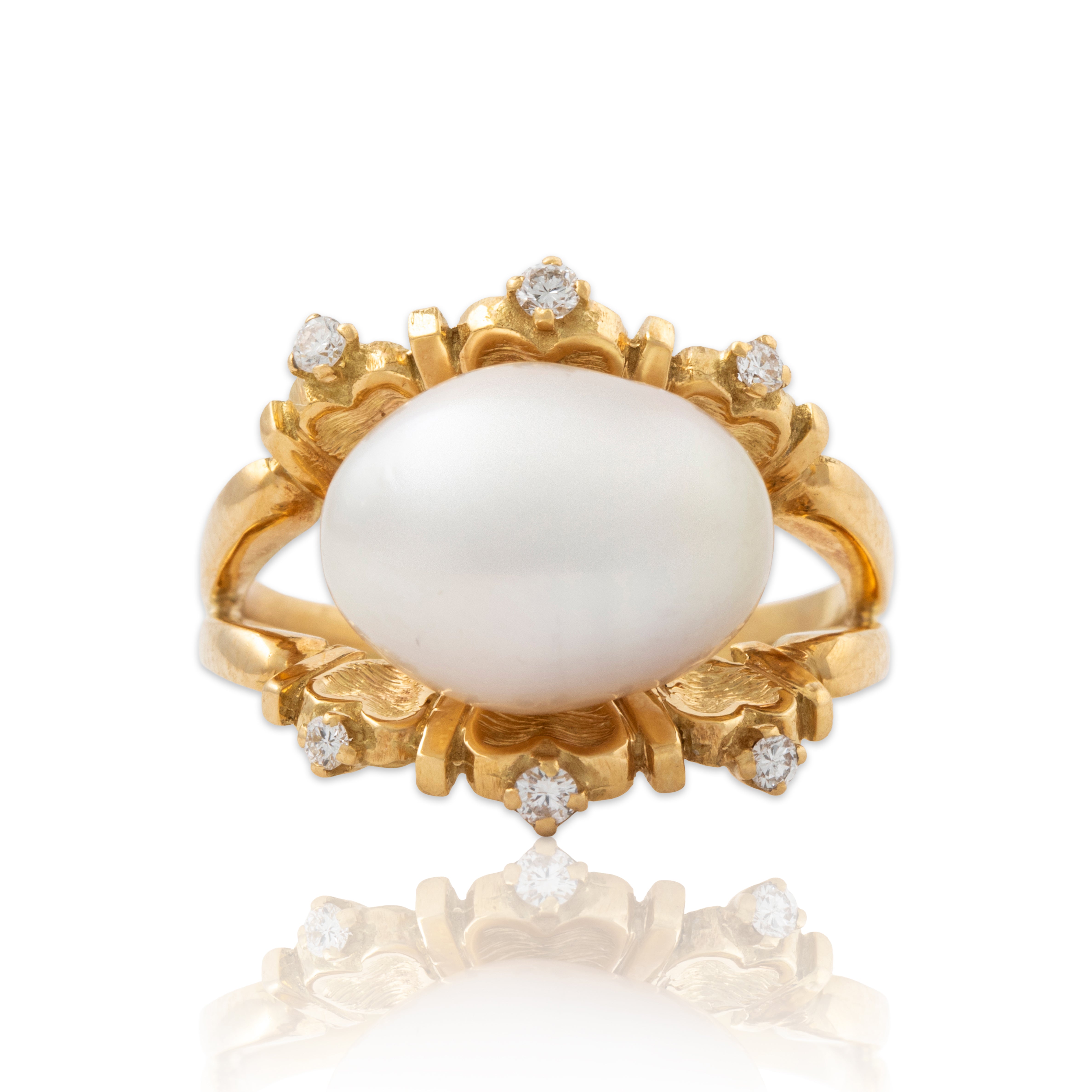 Vintage 18k Yellow Gold Pearl Diamond Romantic Sparkle Statement Ring 7.00、mySite、hinf8tx79