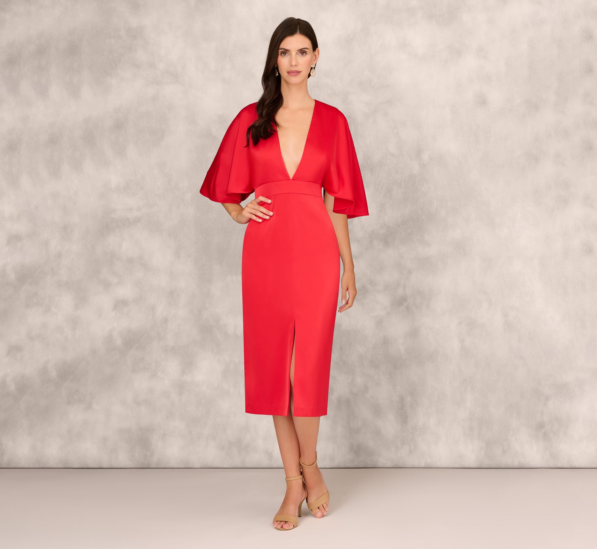 Crepe Back Satin Midi Dress With Flutter Sleeves In Chateau Red、mySite、solidvoid
