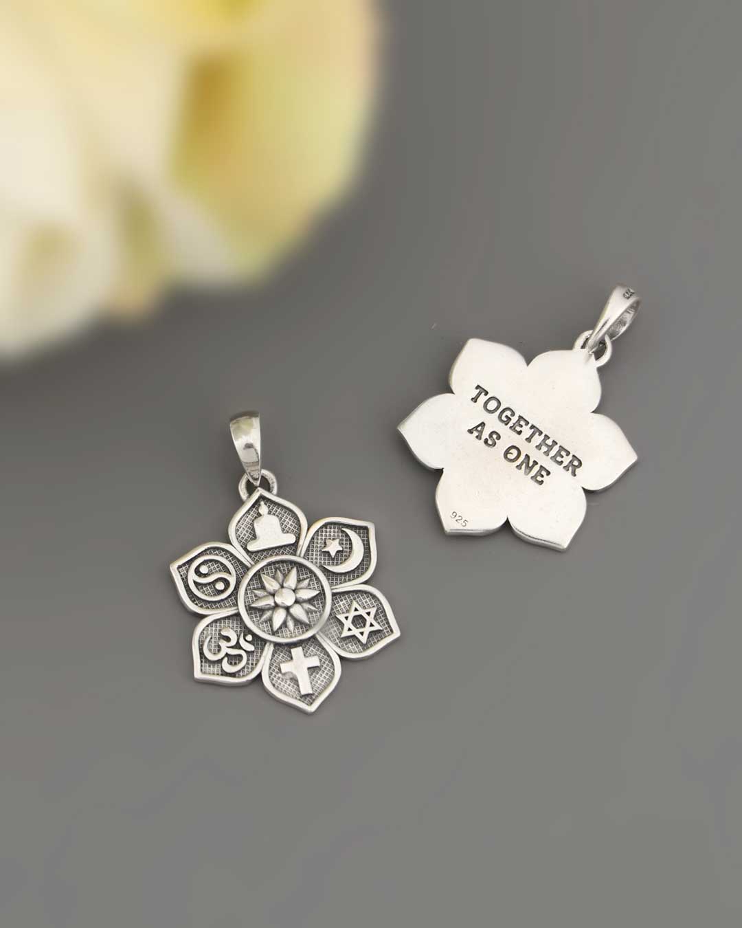Sterling Silver Coexist Harmony Pendant – Lotus Design with Spiritual Symbols of Unity、mySite、topwebapps
