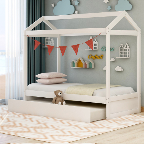 House Bed with Trundle, can be Decorated,White(Old SKU:SM000103AAK)、、casual