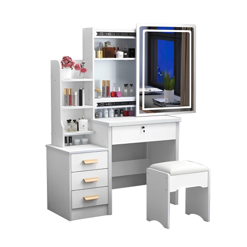 Fashion Vanity Desk with Mirror and Lights for Makeup and Chair, Vanity Mirror with Lights and Table Set with 3 Color Lighting Brightness Adjustable, 4 Drawers, White Color、、casual