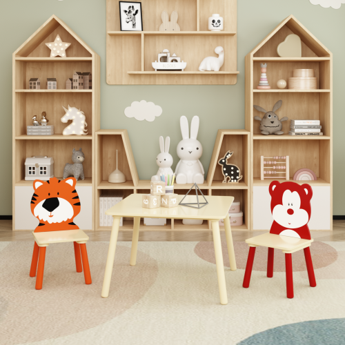Kids Table and 2 Chairs Set, 3 Pieces Toddler Table and Chair Set, Wooden Activity Play Table Set (Lion&Monkey)、、casual