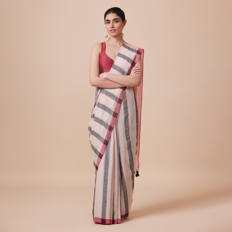 Linen Solid Saree with Blouse | Ivory、mySite、camillekostekn