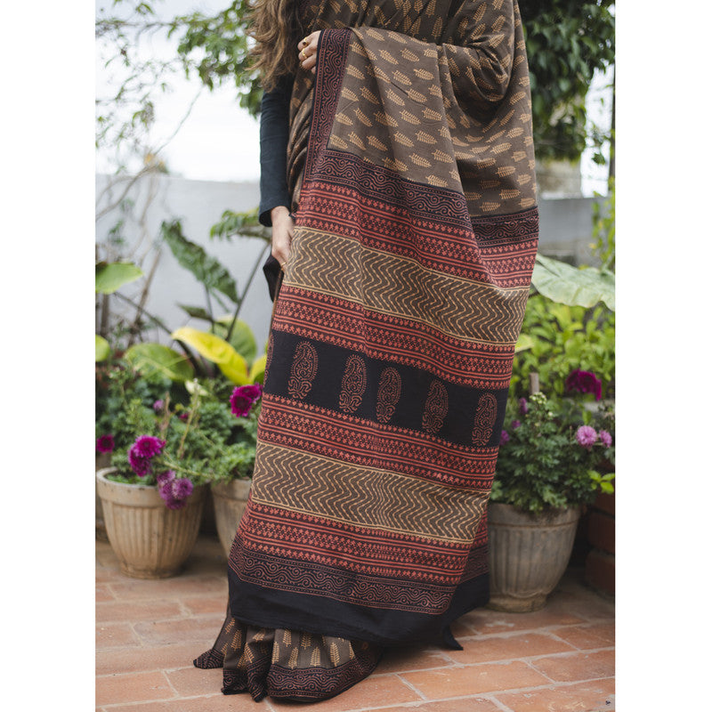 Festive Wear | Handblock Printed Chanderi Brown Saree、mySite、camillekostekn