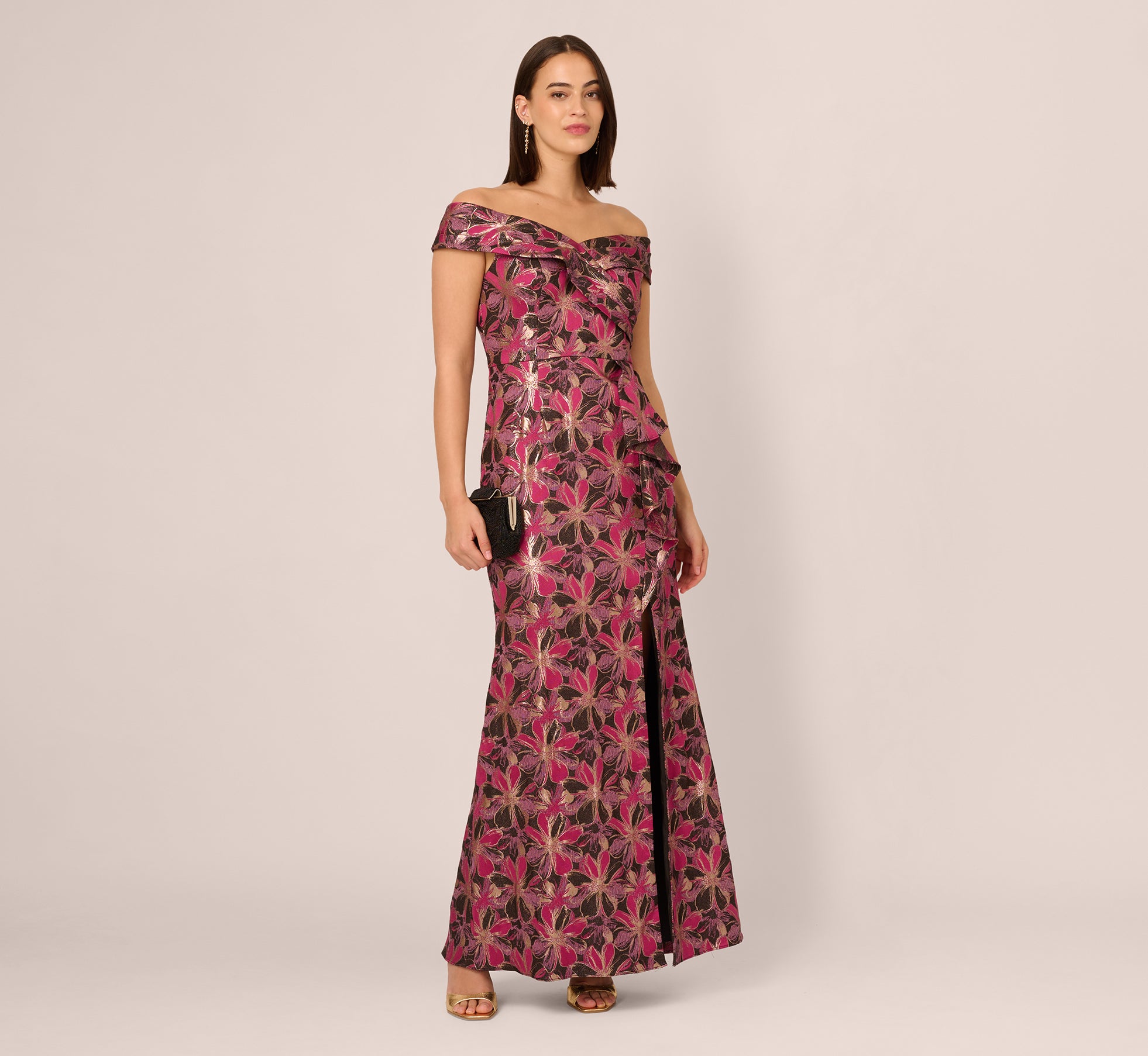 Off Shoulder Jacquard Gown In Fuchsia Multi、mySite、solidvoid