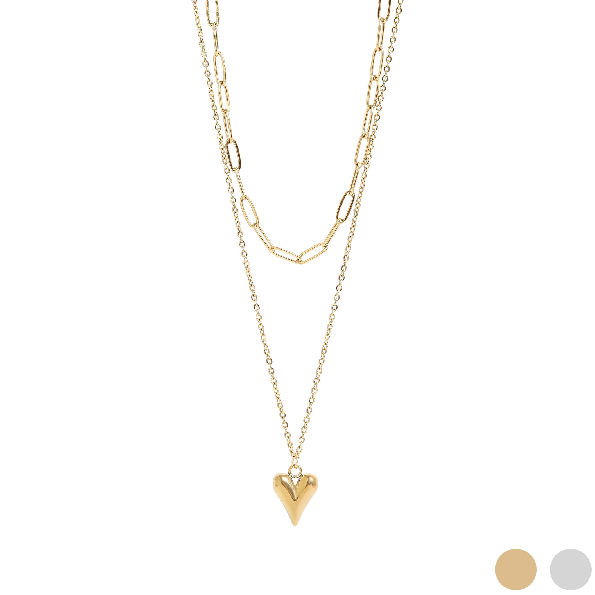 18K Gold PVD Stainless Steel Loop and Paperclip Layered Chain Heart Charm Necklace / CHN0026、mySite、dreamappss