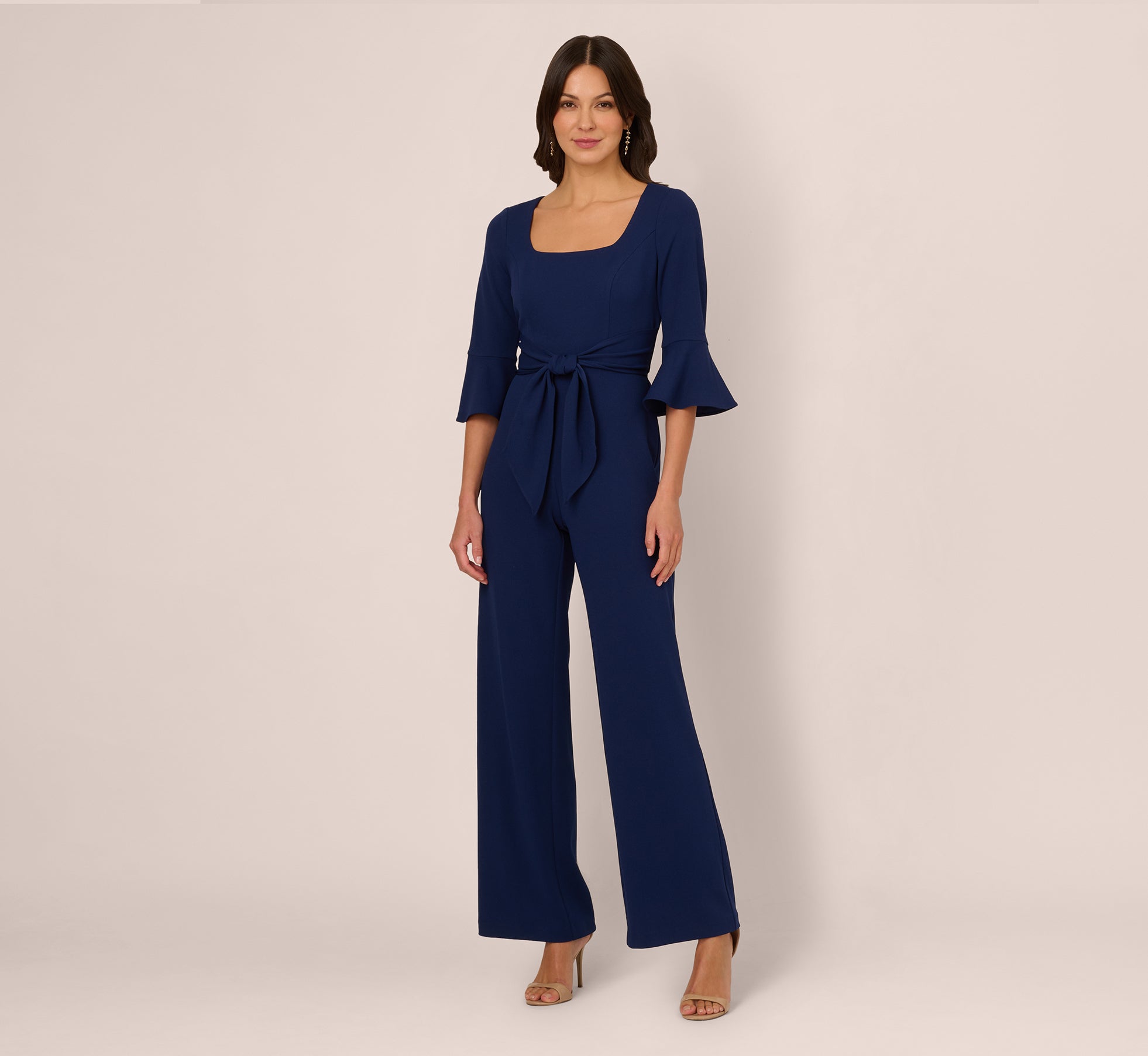 Knit Crepe Wide Leg Jumpsuit With Bell Sleeves In Navy Sateen、mySite、solidvoid