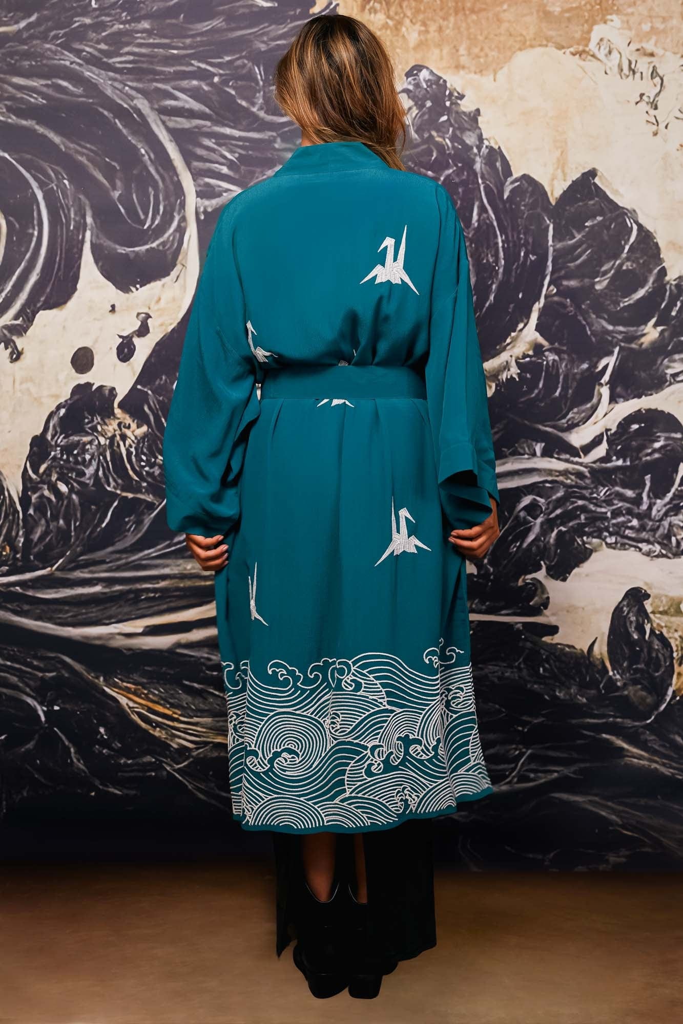 Origami & Hokusai Wave Embroidered Fully Lined Deep Teal Long Kimono、mySite、bengalsvssteelers