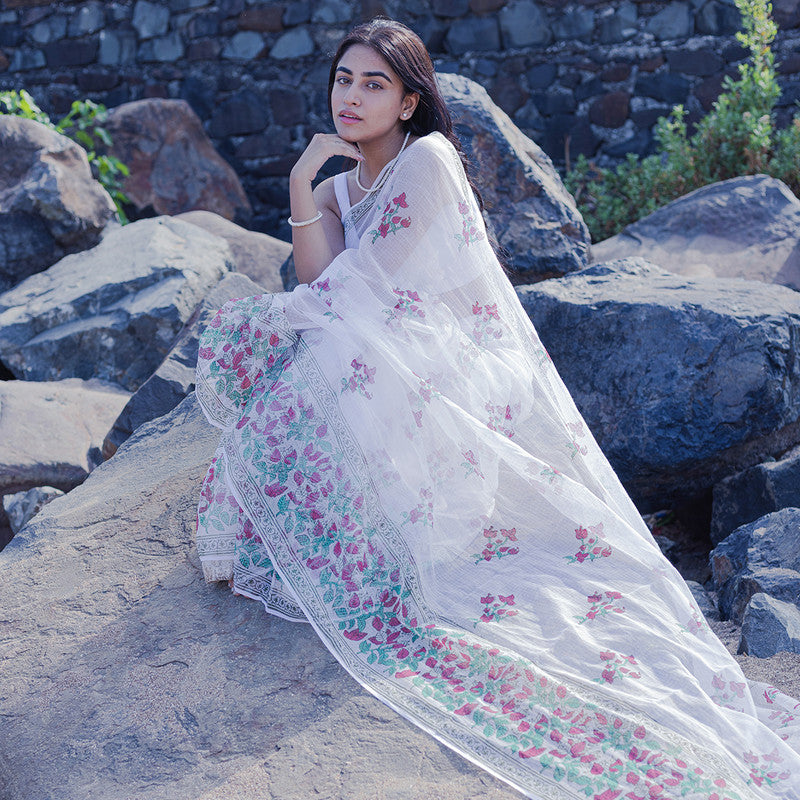 Kota Handblock Printed Saree | Bougainvillea | White & Red、mySite、camillekostekn