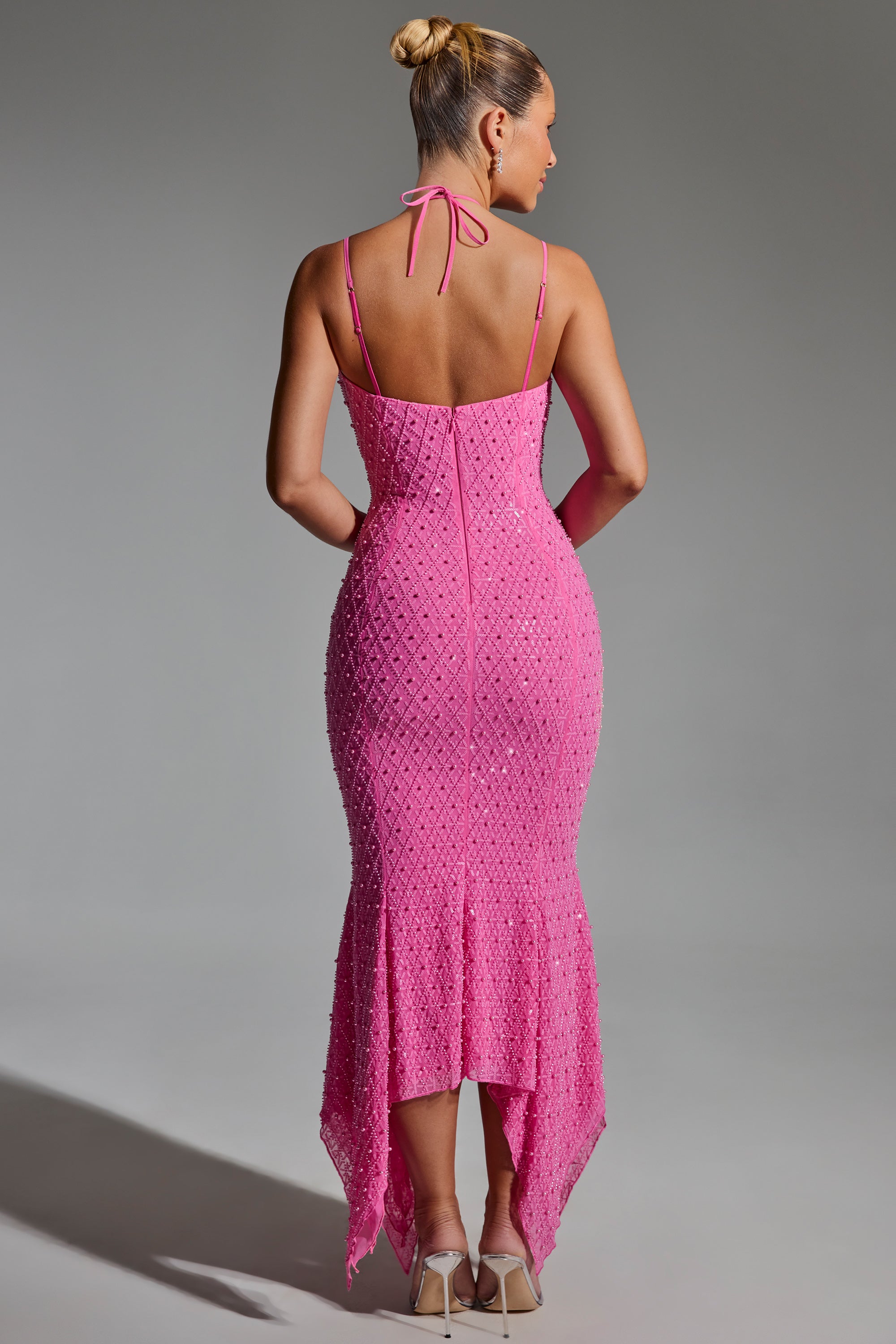 Embellished Cut-Out Asymmetric Midaxi Dress in Hot Pink、mySite、solidvoid
