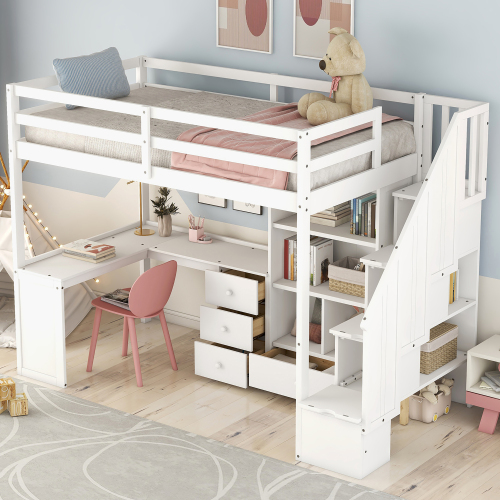 Twin Size Loft Bed with L-Shaped Desk and Drawers, Cabinet and Storage Staircase, White、、casual