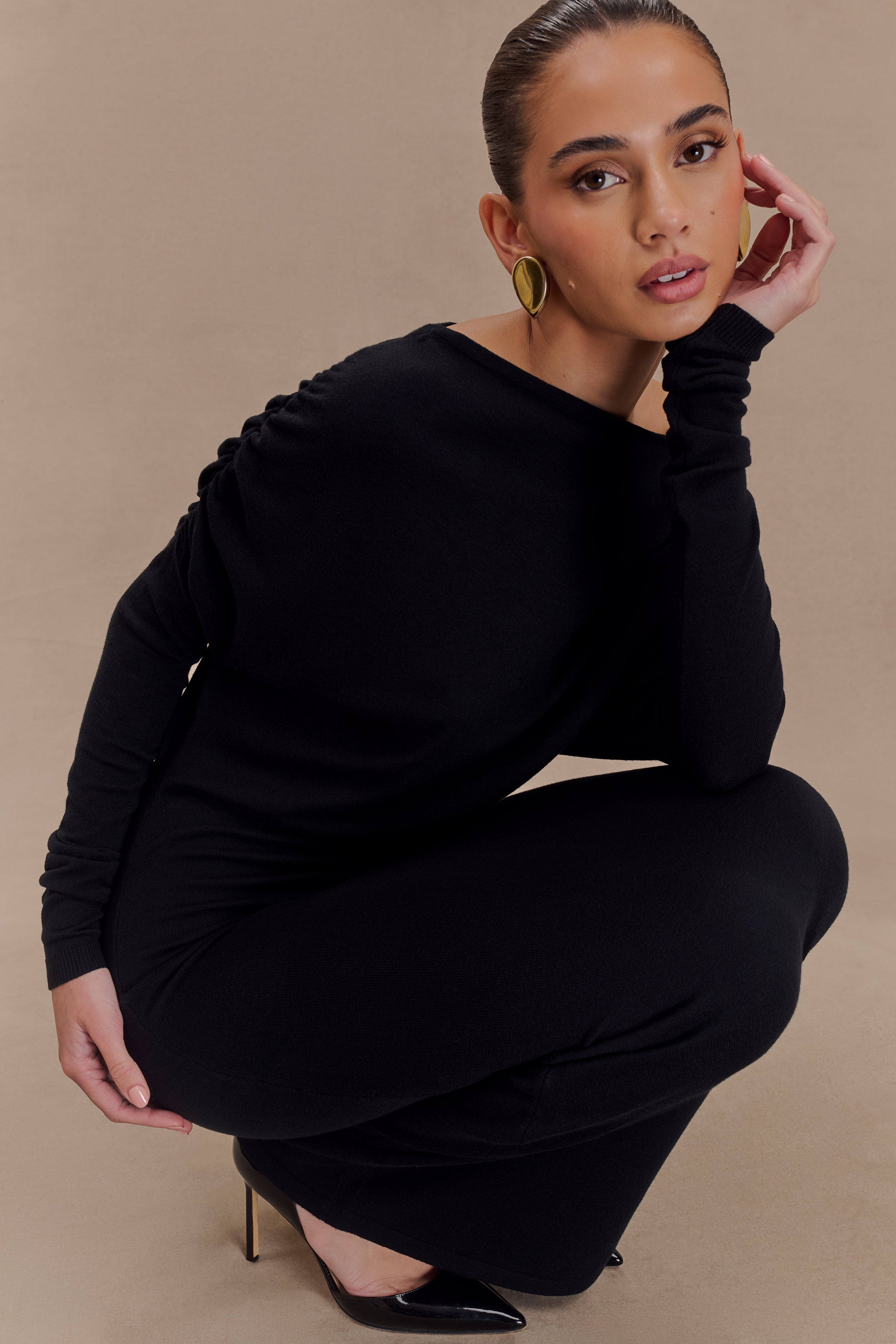 Jessie Cowl Neck Knit Midi Dress - Black、mySite、solidvoid