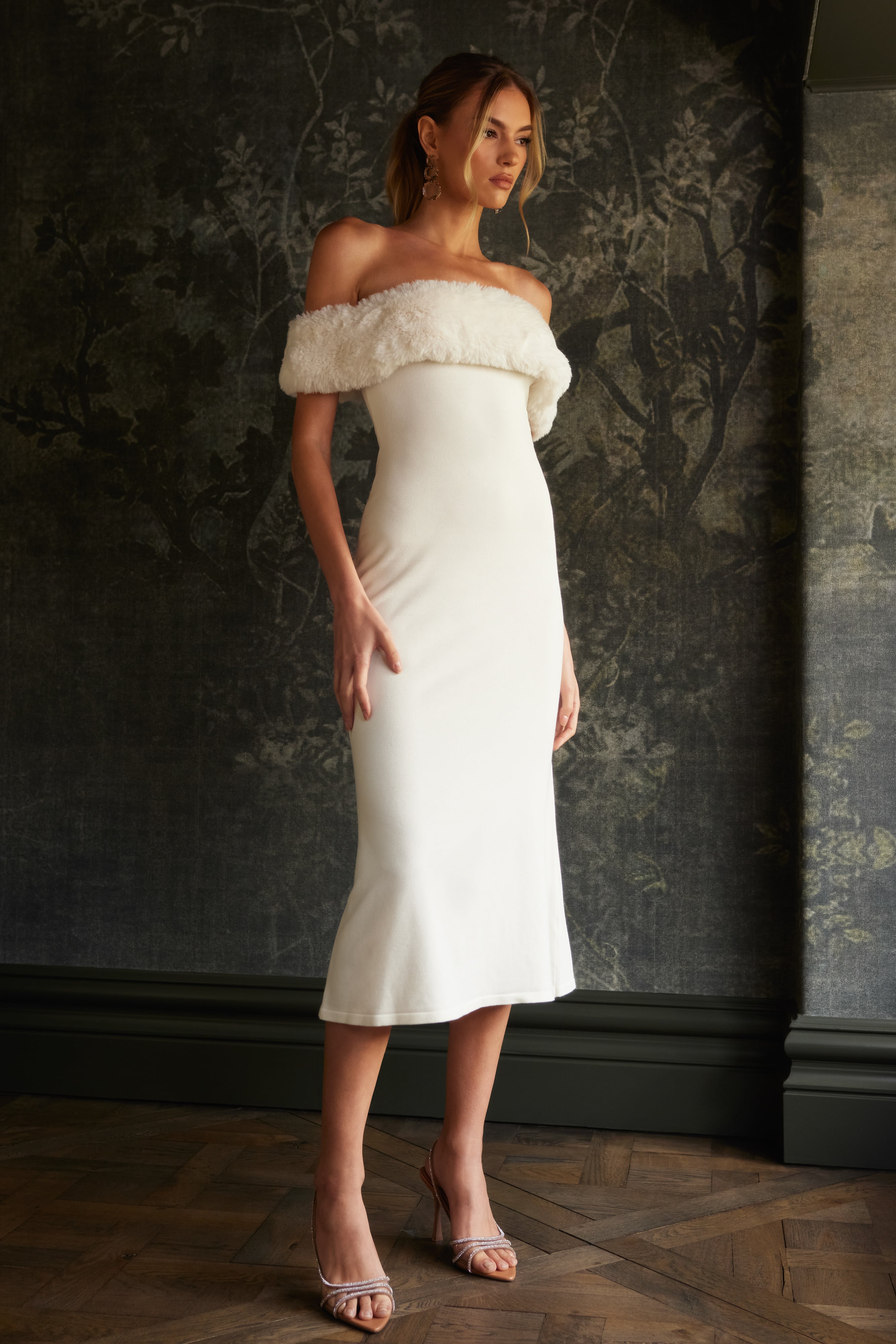 Angelica Off Shoulder Knit Midi Dress With Faux Fur - Ivory、mySite、solidvoid
