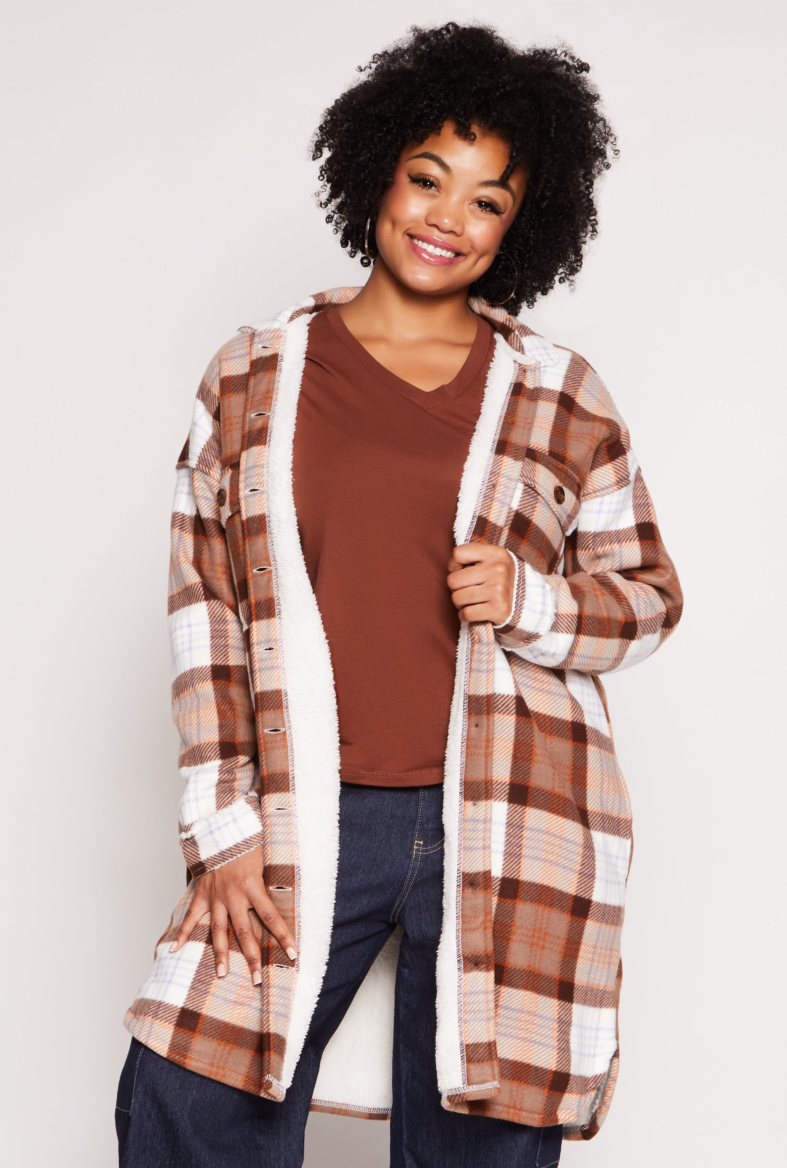 Plus Size Plaid Sherpa Lined Long Shacket、mySite、camillekostekn