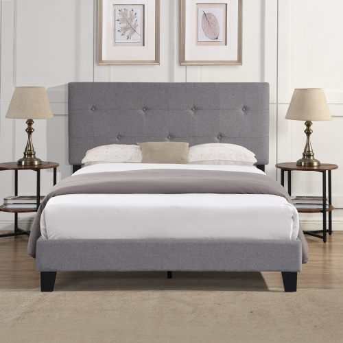 King Size Upholstered Platform Bed Frame with Button Tufted Linen Fabric Headboard, No Box Spring Needed, Wood Slat Support, Easy Assembly, Gray、、casual