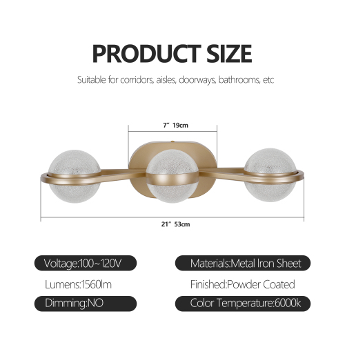 (Same as W1340P143676/L2001-G-6) 43" Gold Minimalist LED Bathroom Vanity Light with Crystal Sand Acrylic Shades, 6-Light Wall Mounted Decorative Lighting Fixture, Suitable for Bathroom Vanity Mirror、、eastwooduniform