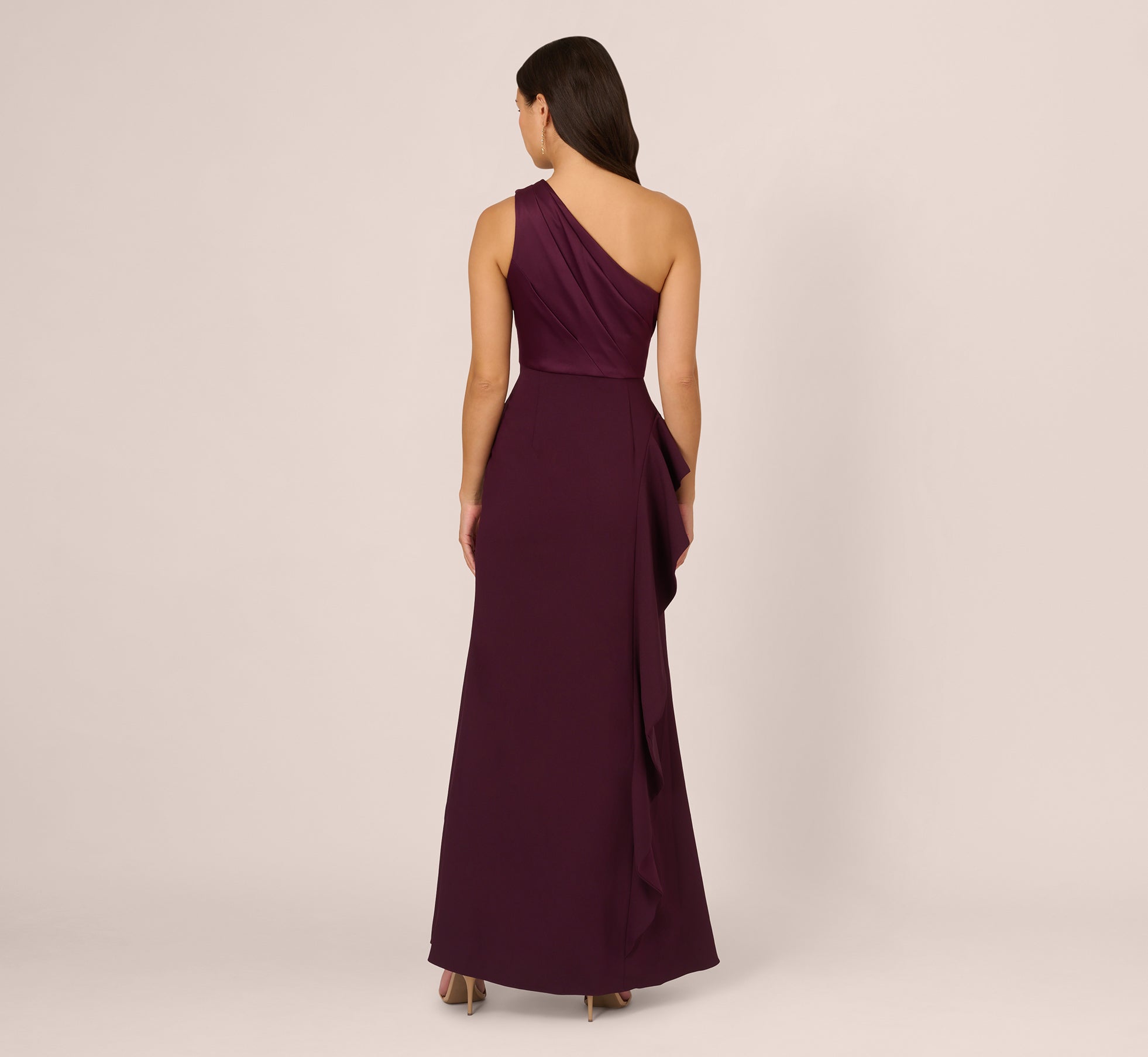 One-Shoulder Long Satin Crepe Mermaid Gown In Bordeaux Glow、mySite、solidvoid
