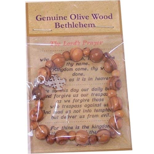  Elastic Olive wood religious bracelet with Silver tone Jerusalem Cross packed as a gift with Certificate、mySite、elrpsem3k