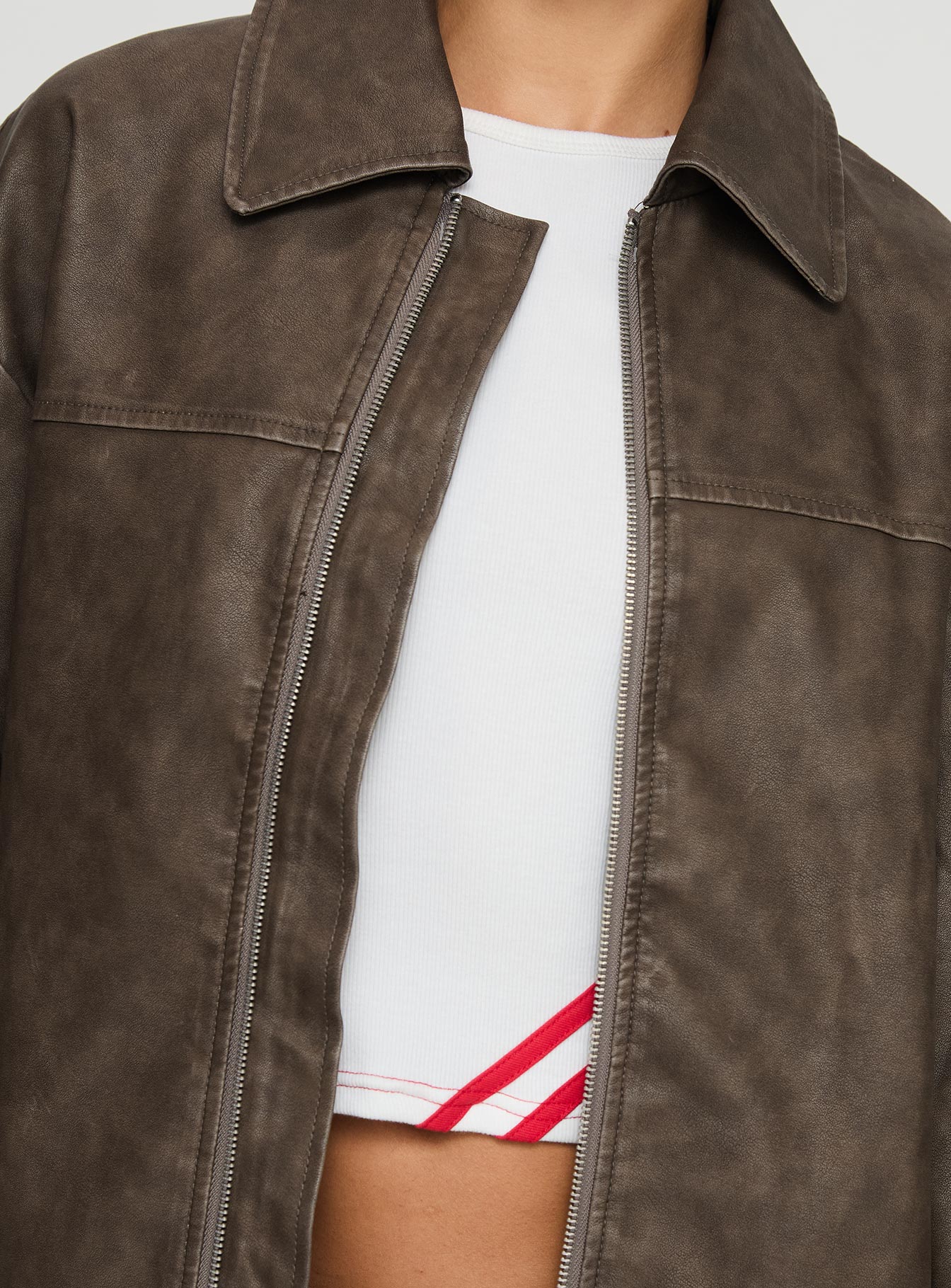 Faux Leather Collared Dad Jacket Washed Brown、mySite、solidvoid