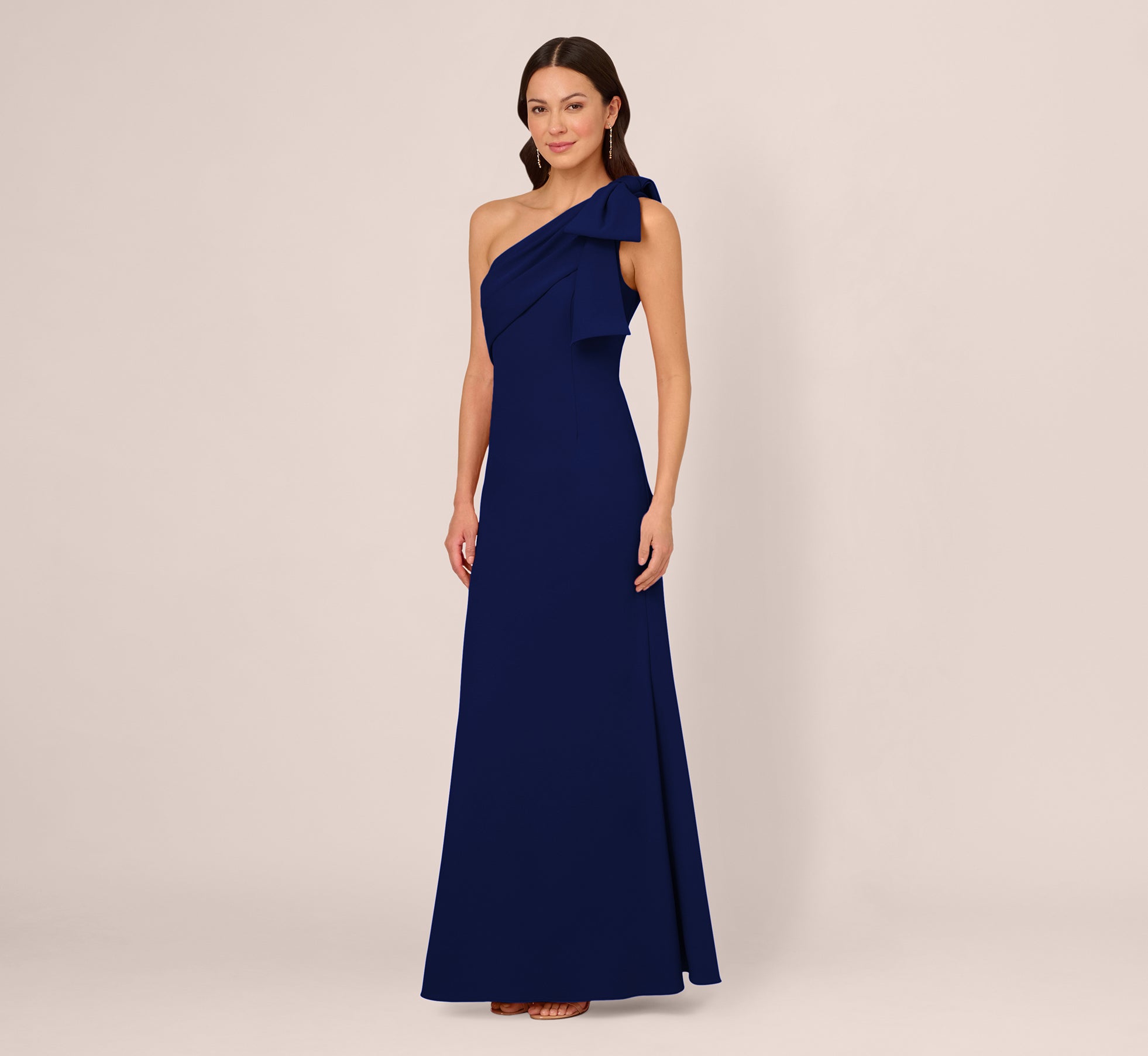 Stretch Crepe One Shoulder Mermaid Gown With Bow Accent In Navy Sateen、mySite、solidvoid