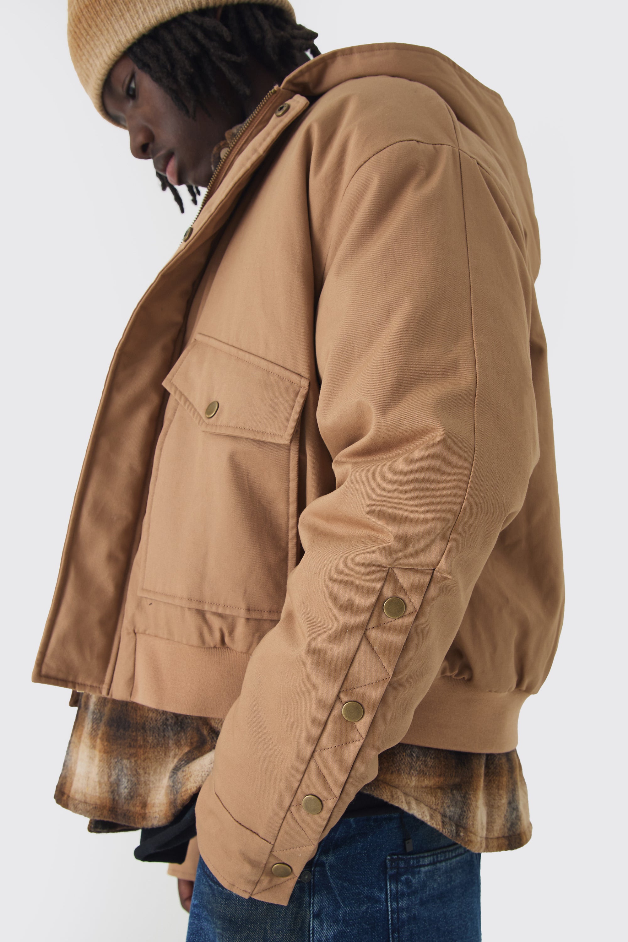  Boohooman Hooded Twill Popper Sleeve Bomber Jacket Brown、mySite、justintrudeaud