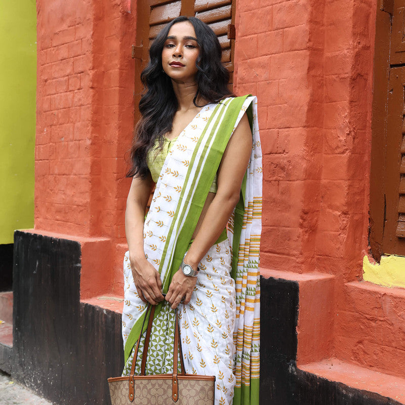 Cotton Saree | Hand Block Print | White & Green、mySite、camillekostekn