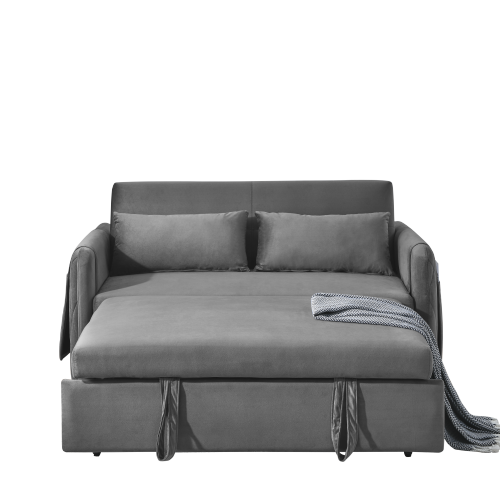55" Modern Convertible Sofa Bed with 2 Detachable Arm Pockets, Velvet Loveseat Sofa with Pull Out Bed, 2 Pillows and Living Room Adjustable Backrest, Grid Design Armrests、、casual