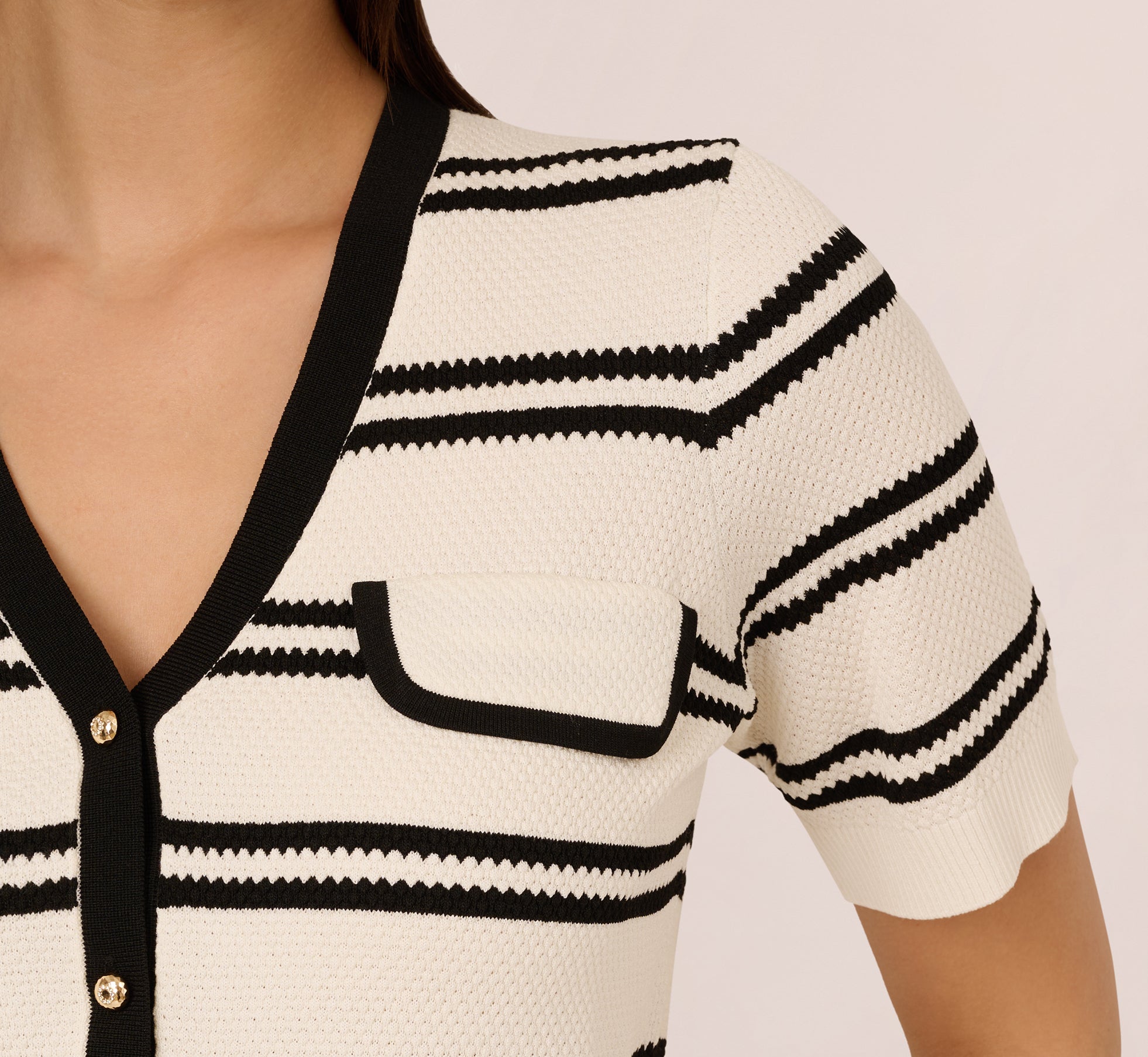 Short Sleeve Textured Striped Cardigan In Ivory Black、mySite、solidvoid