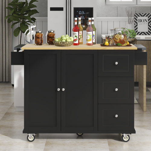 Rolling Mobile Kitchen Island with Solid Wood Top and Locking Wheels,52.7 Inch Width,Storage Cabinet and Drop Leaf Breakfast Bar,Spice Rack, Towel Rack & Drawer (Black)、、casual