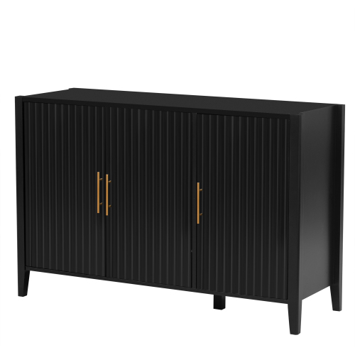 U_Style 63.1''Modern 4-Vertical Wavy Slatted Doors Sideboard,Storage Cabinet With Elegant Design, Solid Wood Legs with Painted,Metal Handles,for Dining Room,Living Room, Kitchen, or Entryway(Black)、、casual