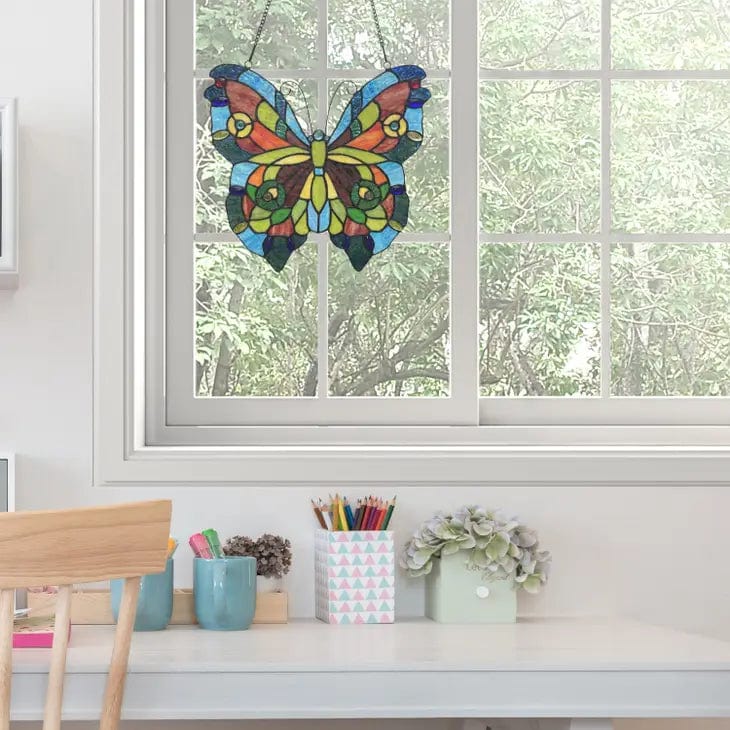 Blue or Colorful Butterfly Tiffany Style Stained Glass Window Hanging 12.5、mySite、g9winljtr