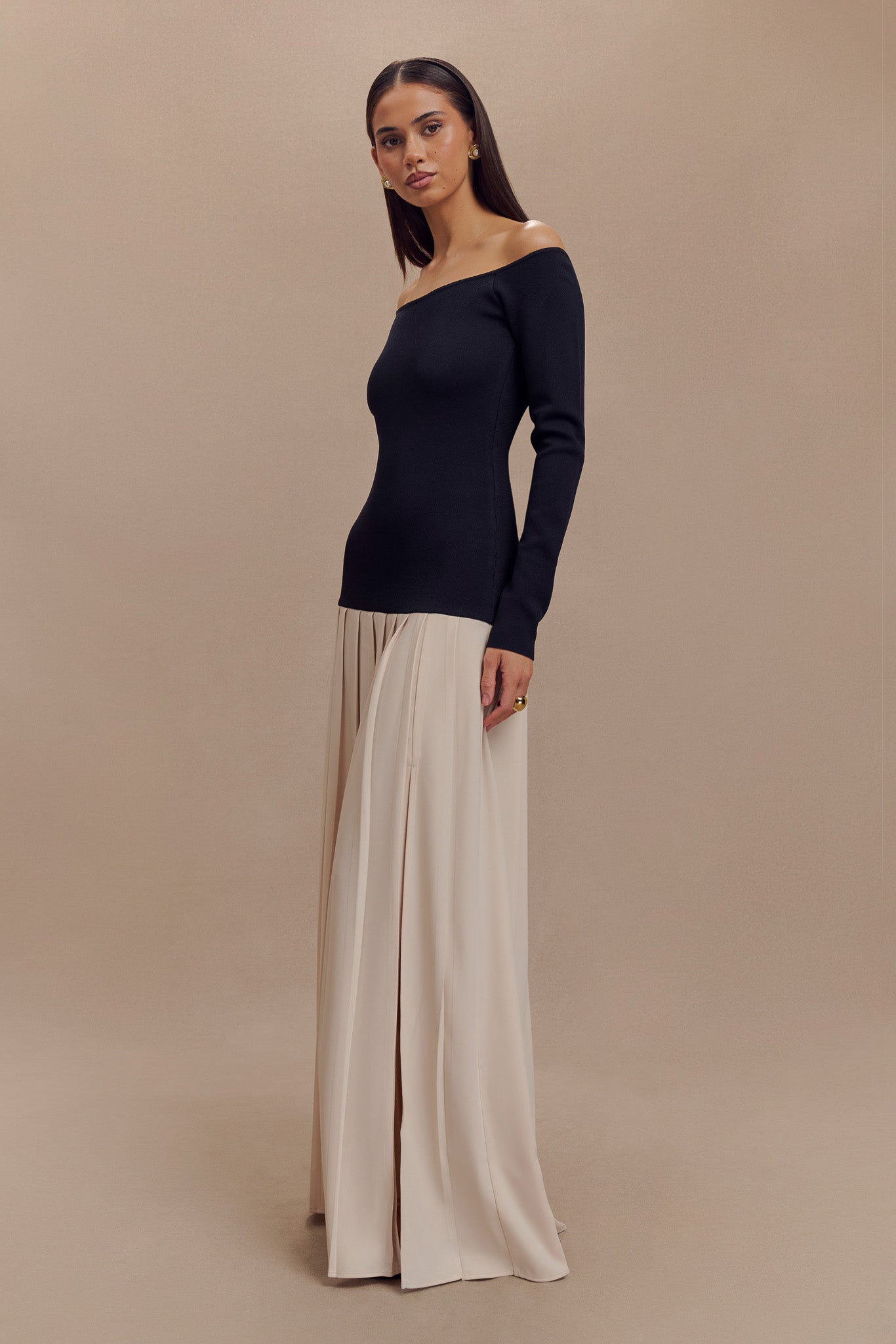 Presley Contrast Knit Off Shoulder Maxi Dress - Navy And Cream、mySite、solidvoid