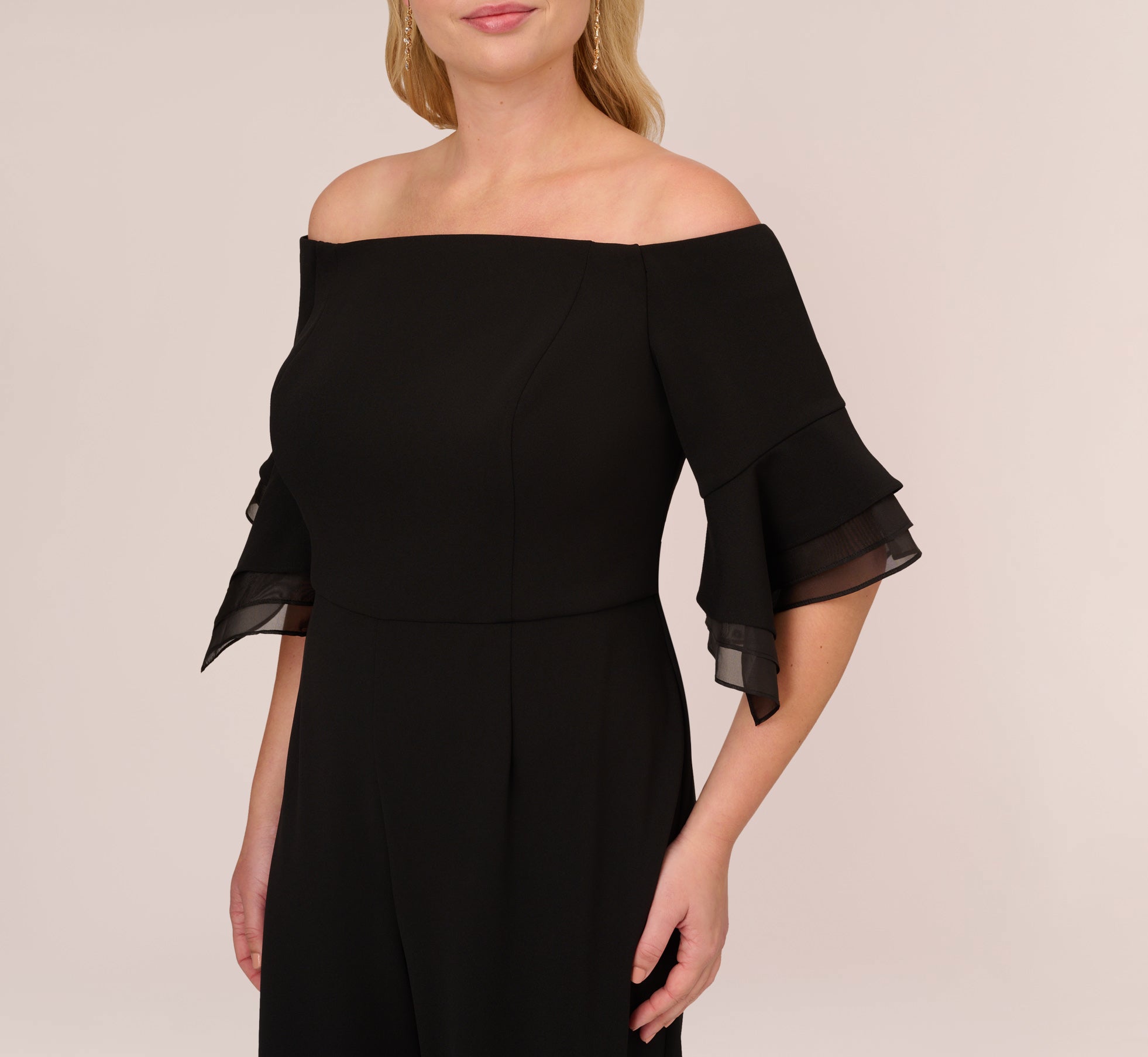 Plus Size Off The Shoulder Crepe Jumpsuit With Organza Sleeves In Black、mySite、solidvoid
