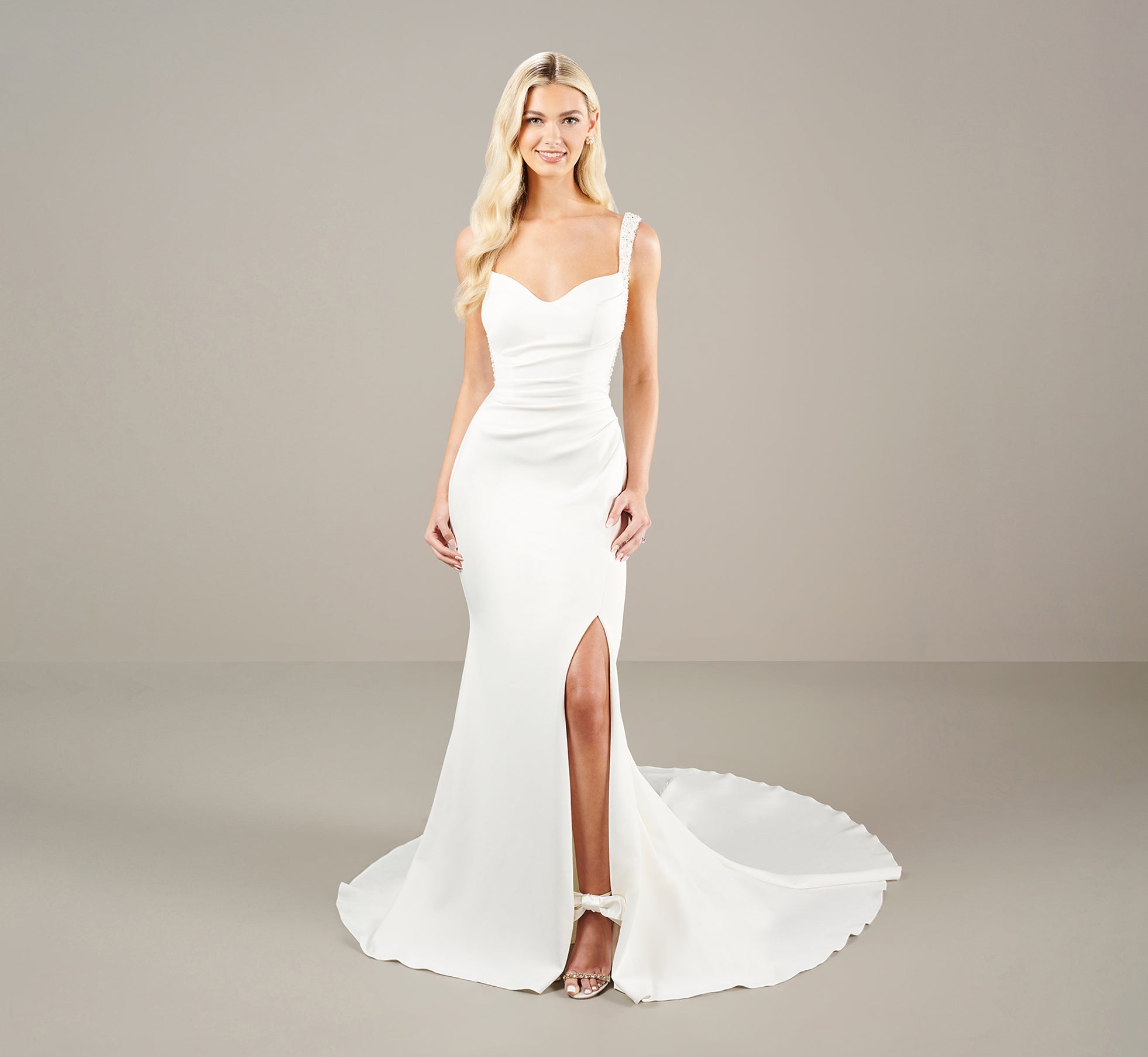 Body Hugging Scuba Jersey Beaded Trim And Detachable Train In Ivory、mySite、solidvoid