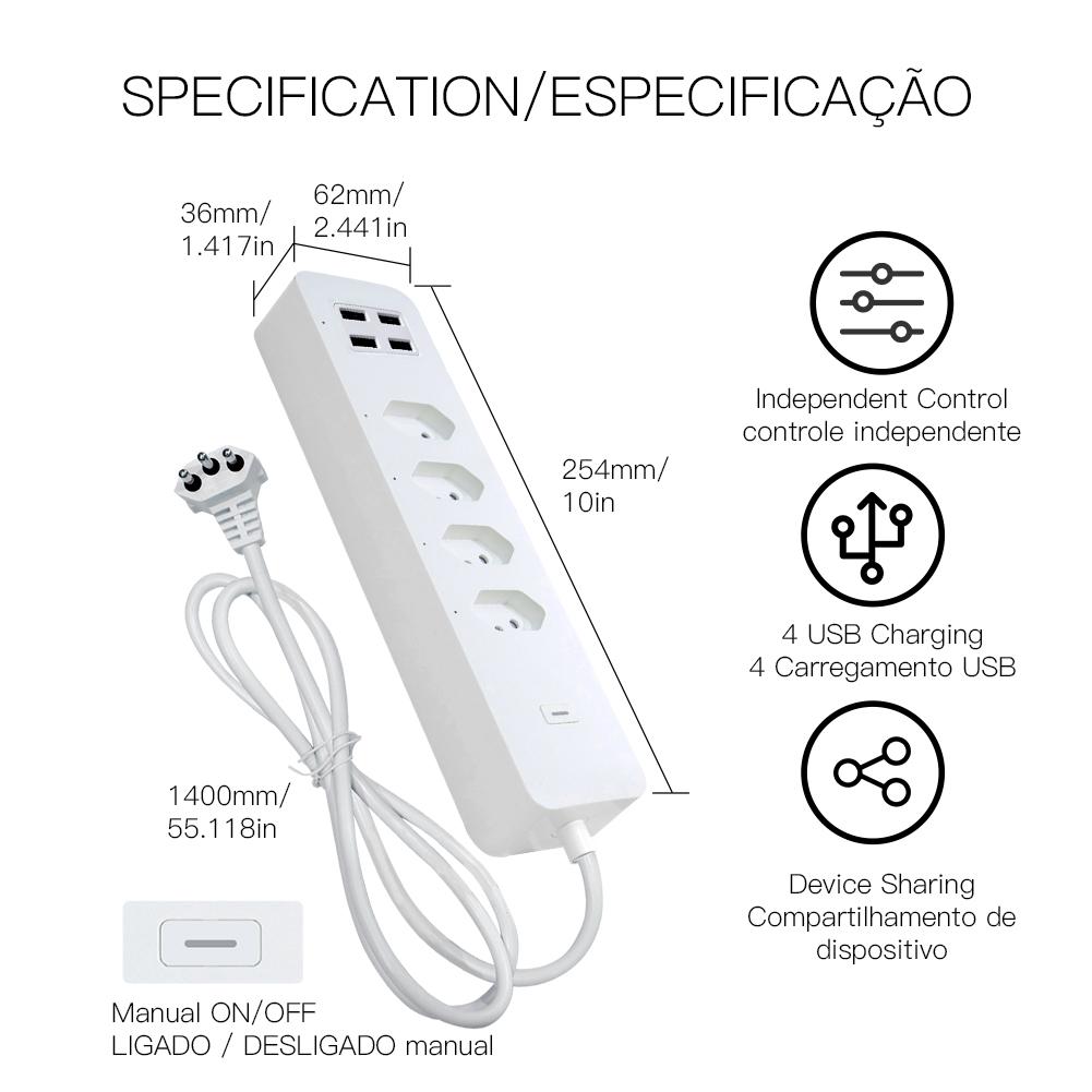 WiFi Smart Power Strip Surge Protector 4 Plug Outlets Electric Socket with USB/Type C Brazil Version、mySite、fannypackpong