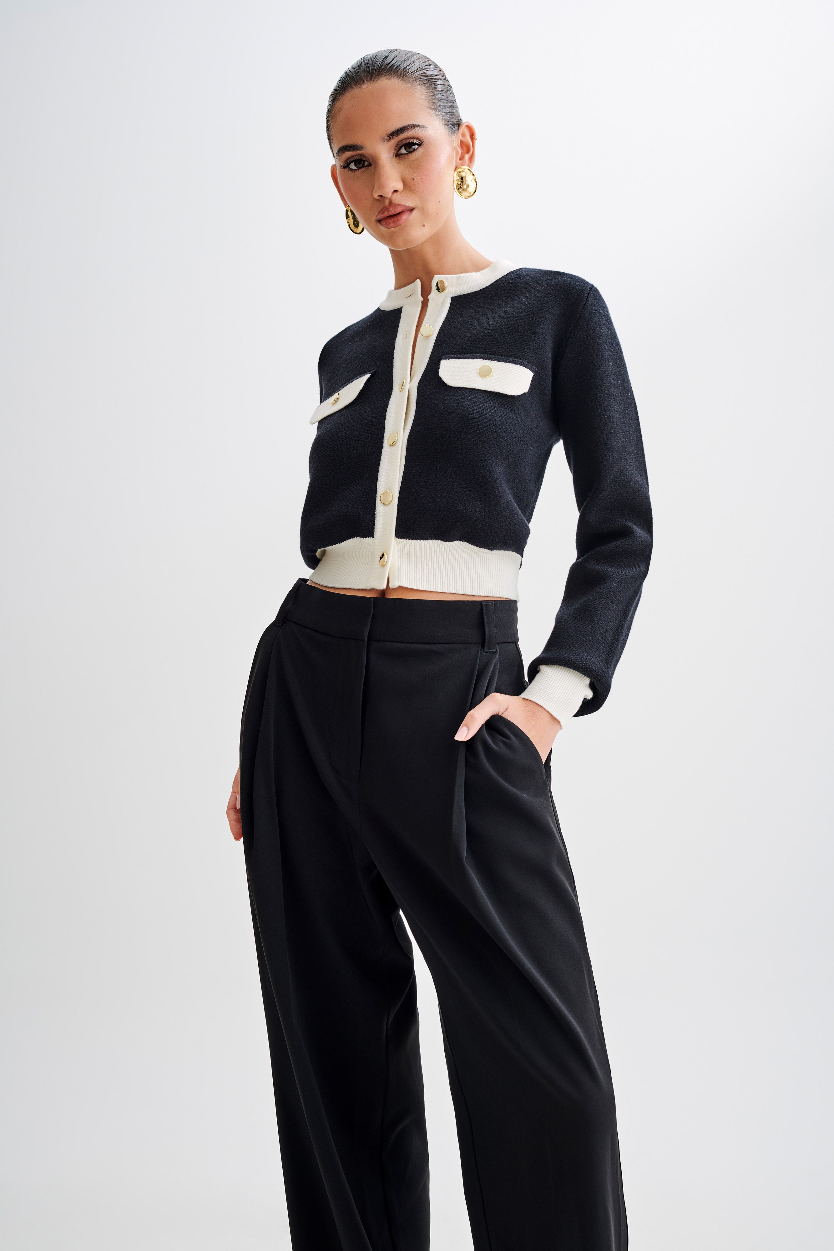 Tabitha Contrast Knit Cardigan - Black、mySite、solidvoid