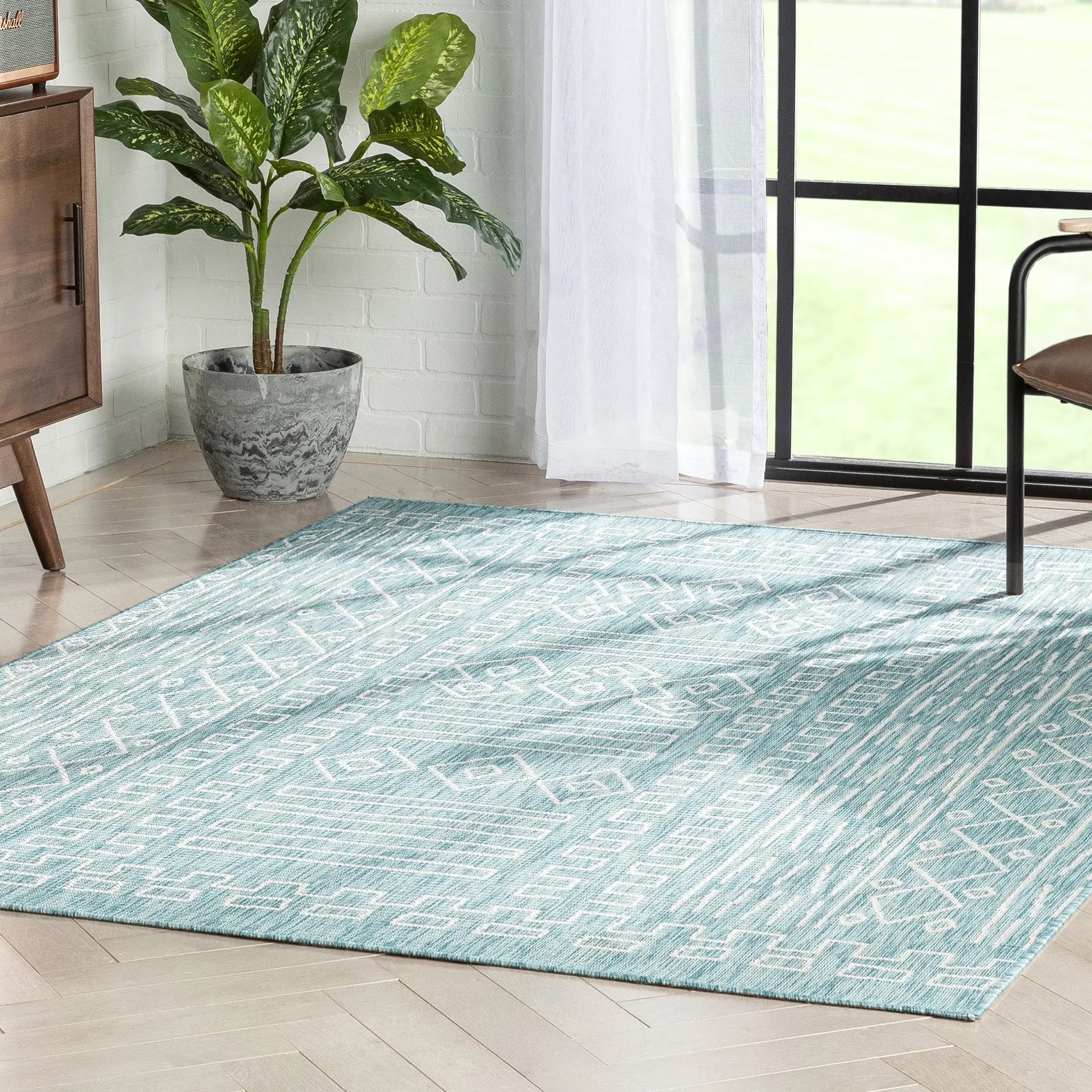 Anza Tribal Geometric Pattern 5'3 x 7'3 Blue Flat-Weave Indoor/Outdoor Rug、mySite、gigharbornorthrealestate