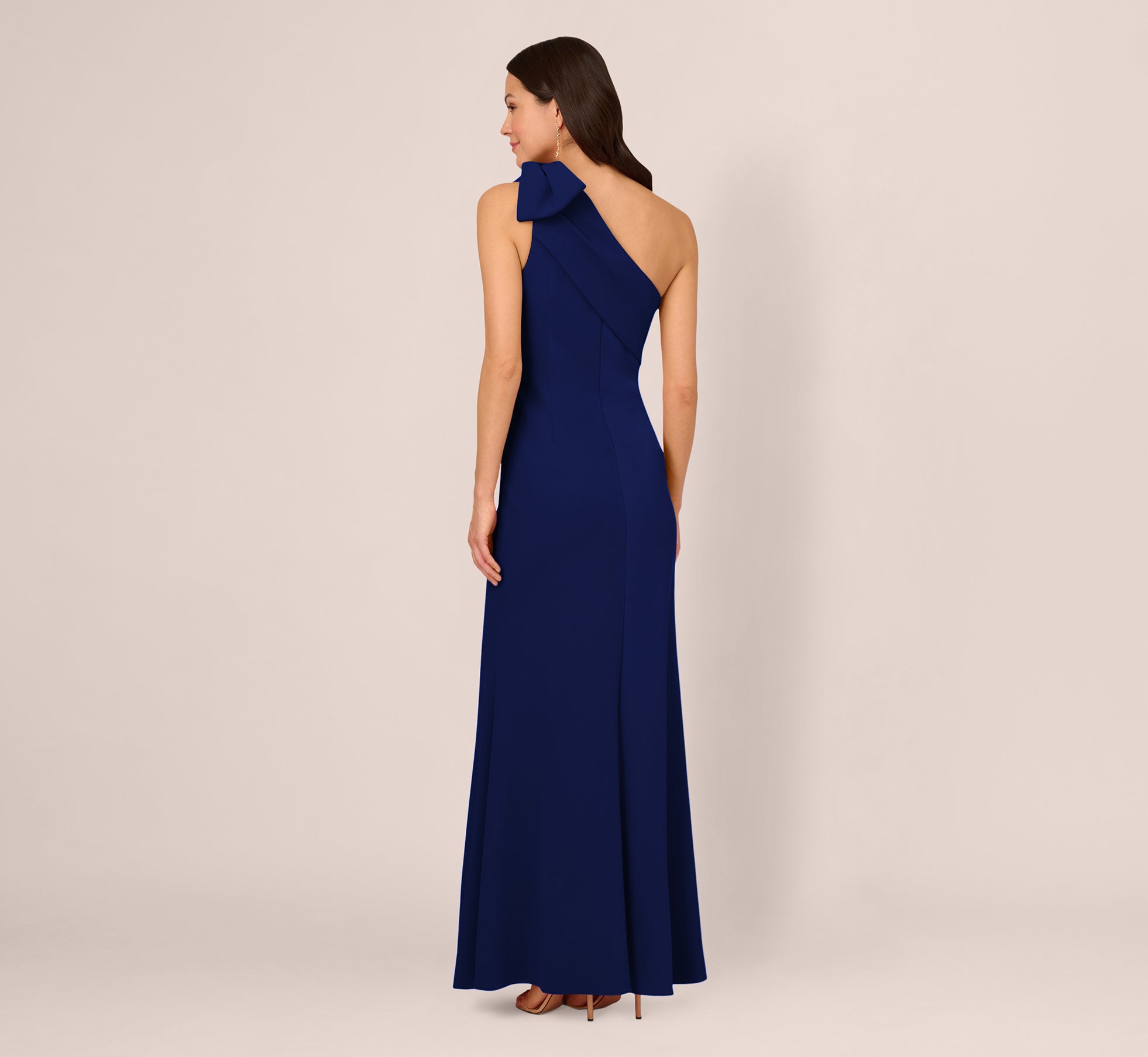 Stretch Crepe One Shoulder Mermaid Gown With Bow Accent In Navy Sateen、mySite、solidvoid