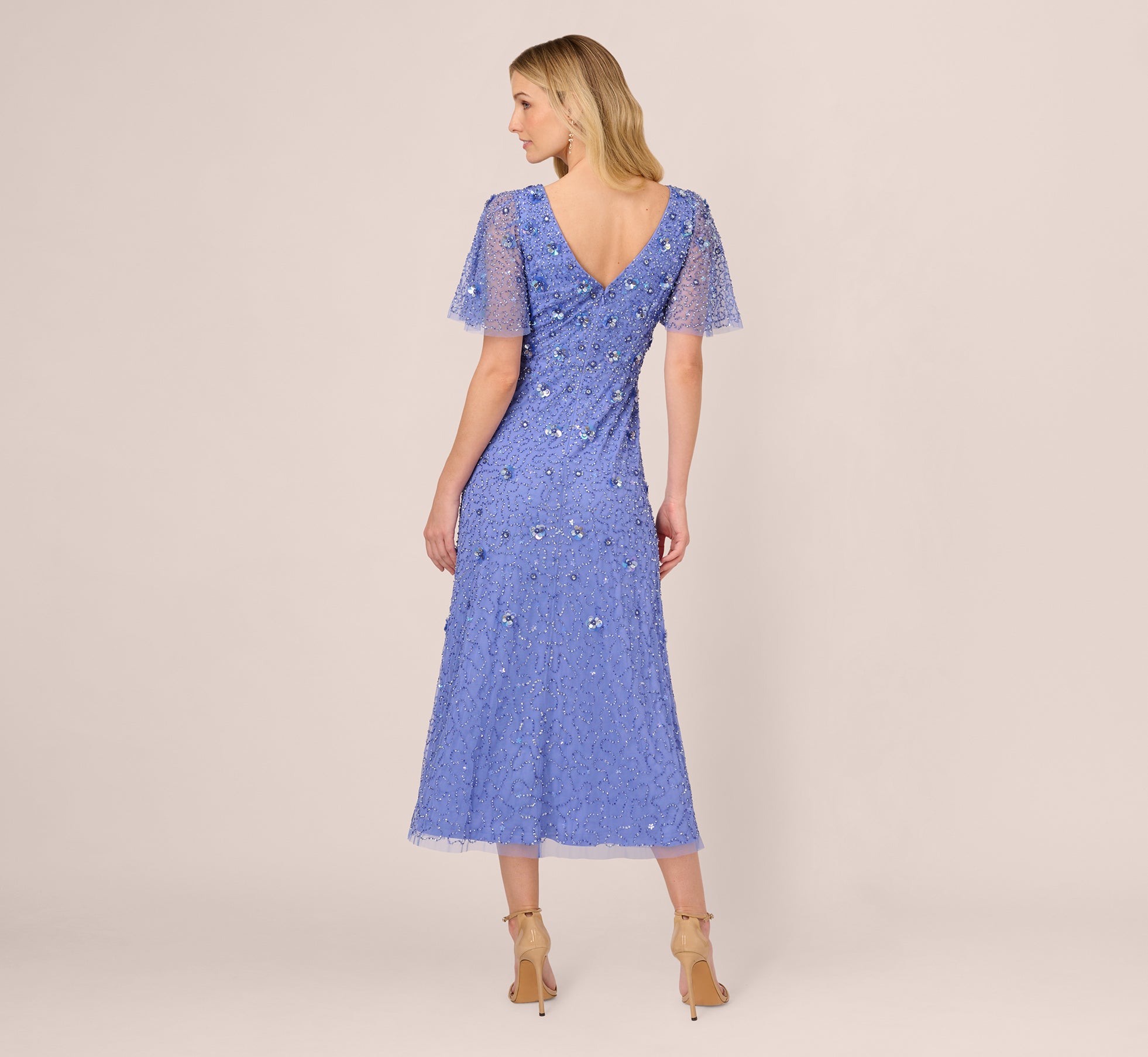 Beaded Mesh Flutter Sleeve Midi Dress In Peri Blue、mySite、solidvoid